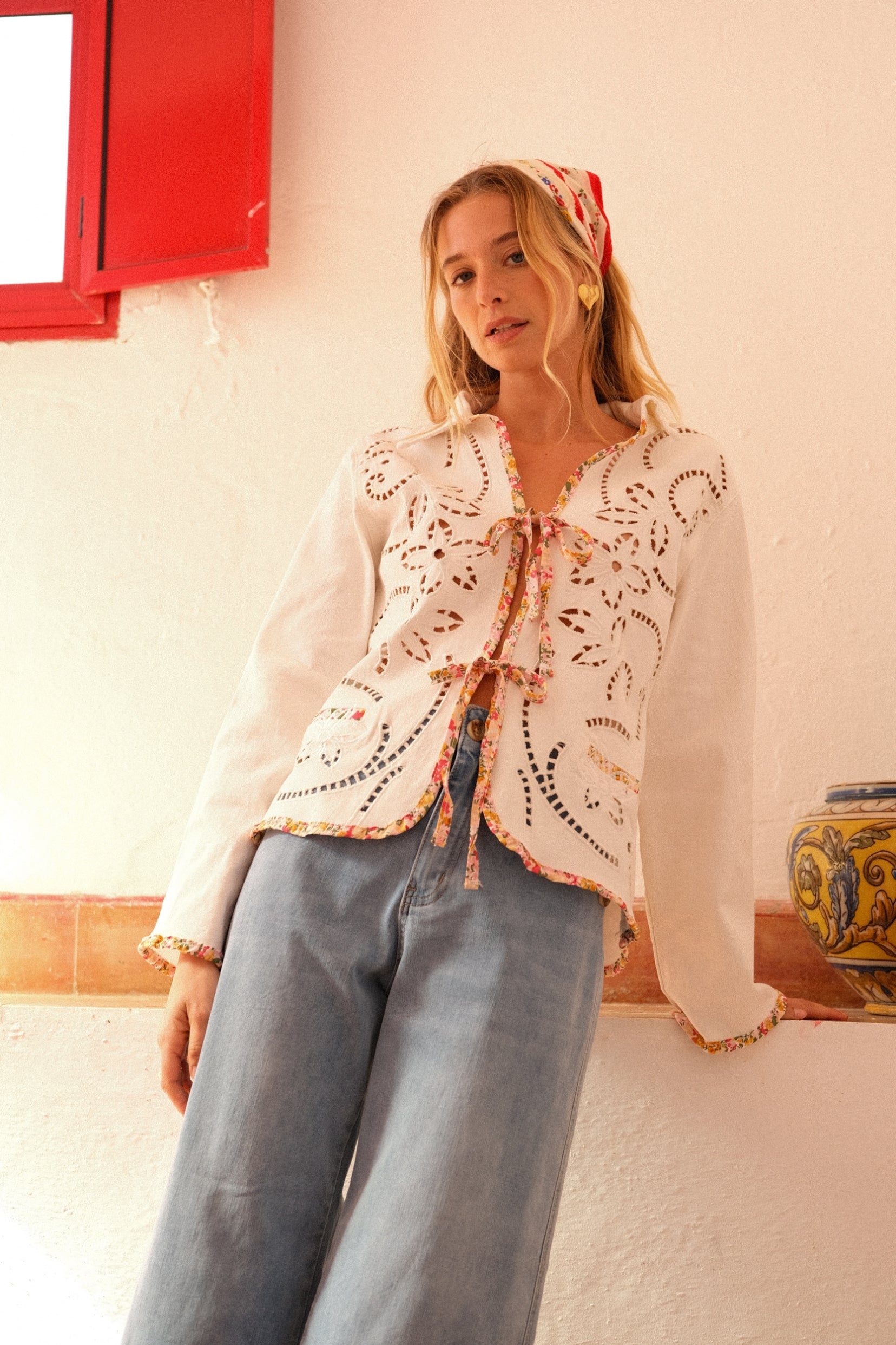 Maison Onado Mireille veste écru denim brodée