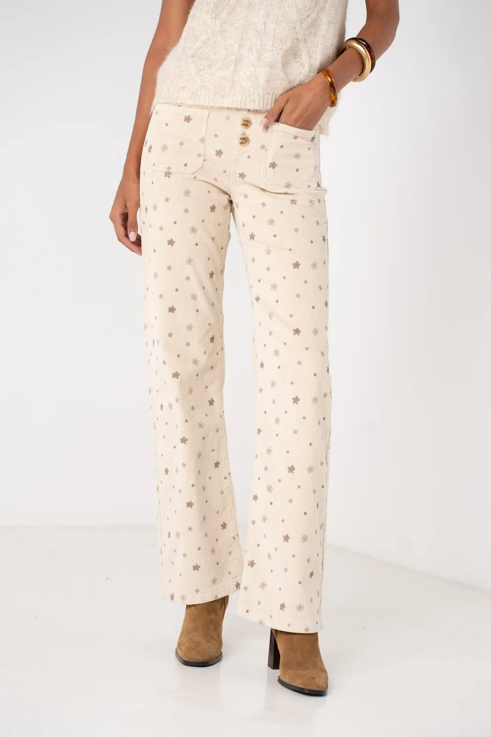 Maison Onado Amaya pantalon velours écru fleuri