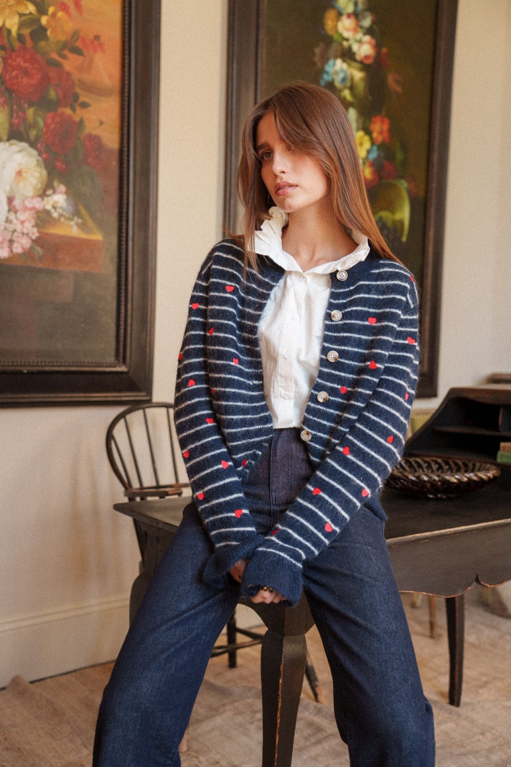 Maison Onado Lucia gilet rayé maille cœurs brodés TU