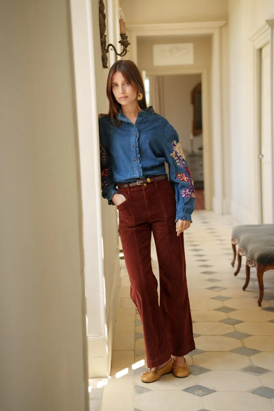 Maison Onado Eloy pantalon velours bordeaux ceinture