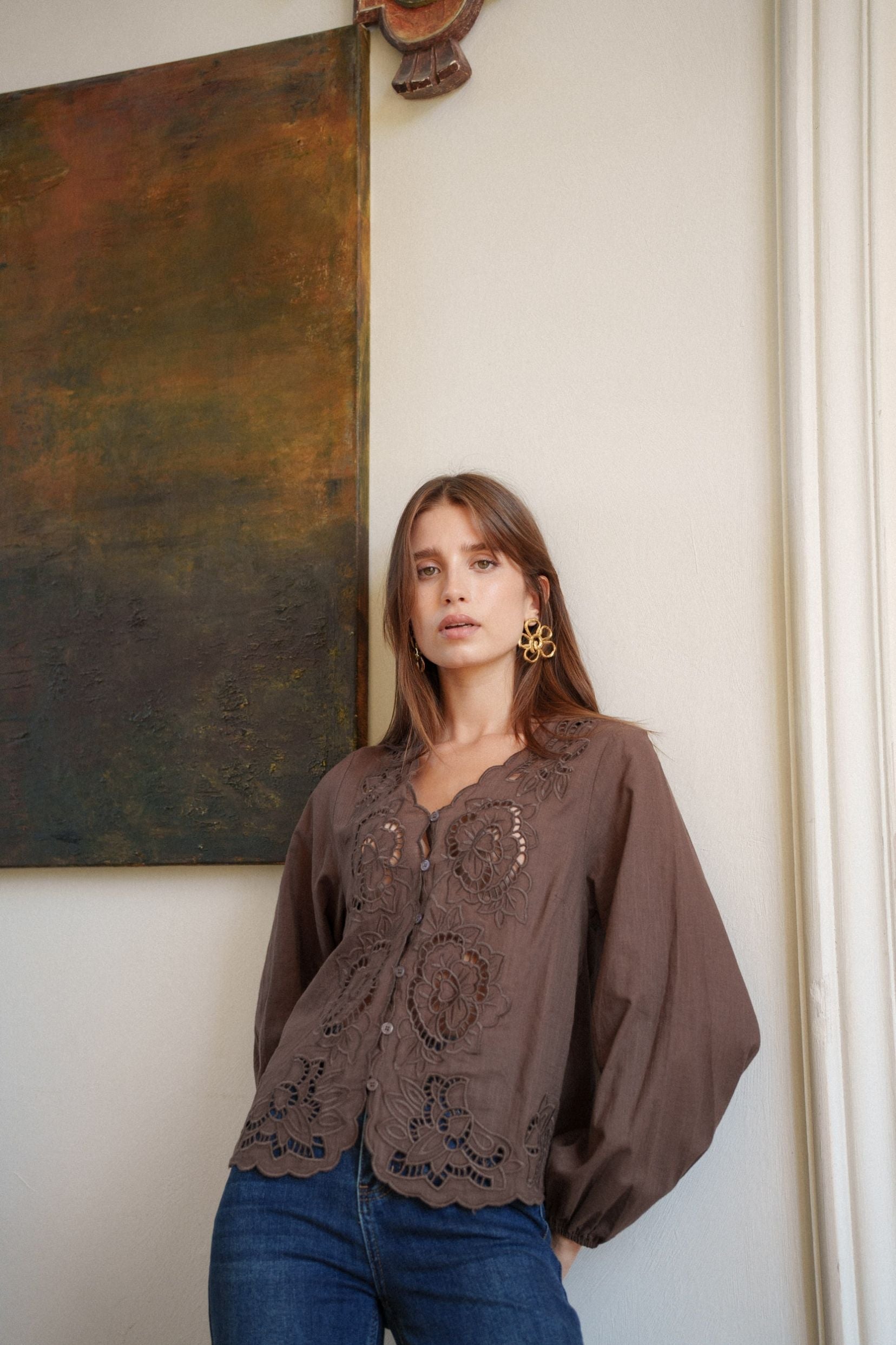 Maison Onado Anna chemise chocolat brodée manches longues