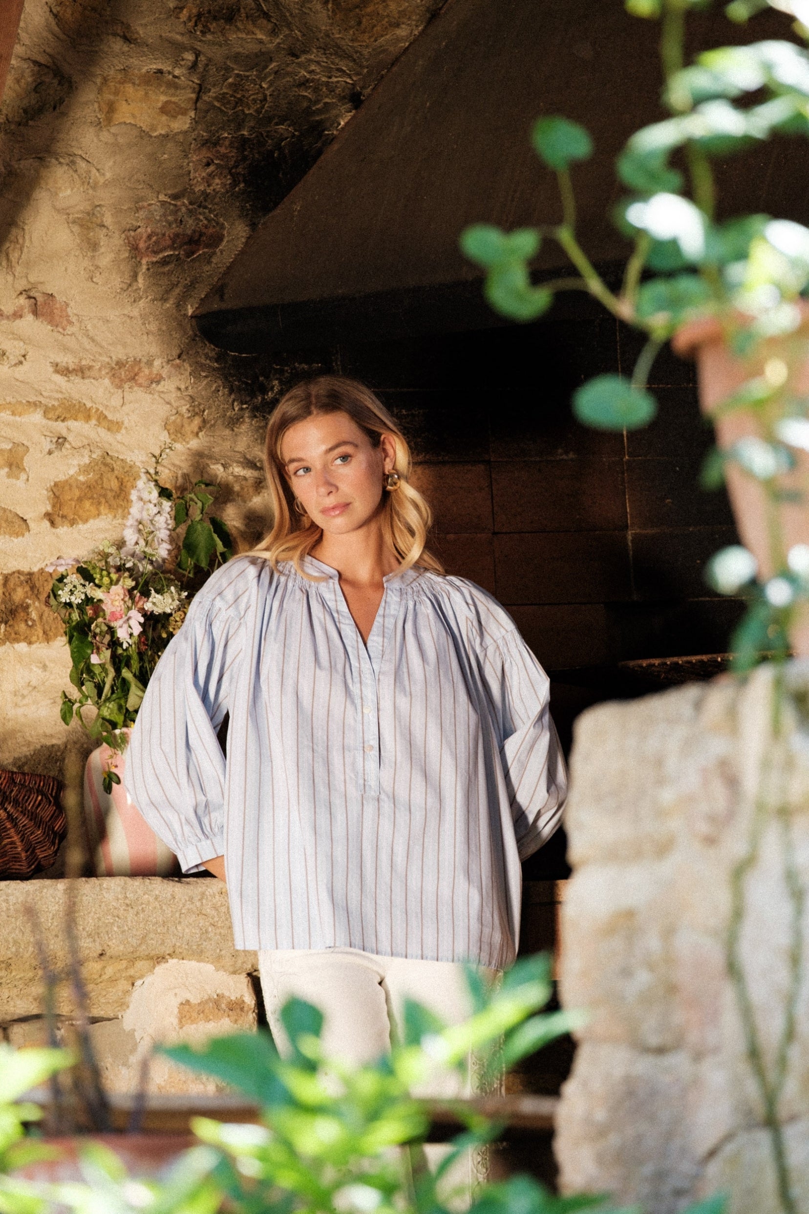 Maison Onado Irina blouse coton chocolat rayée