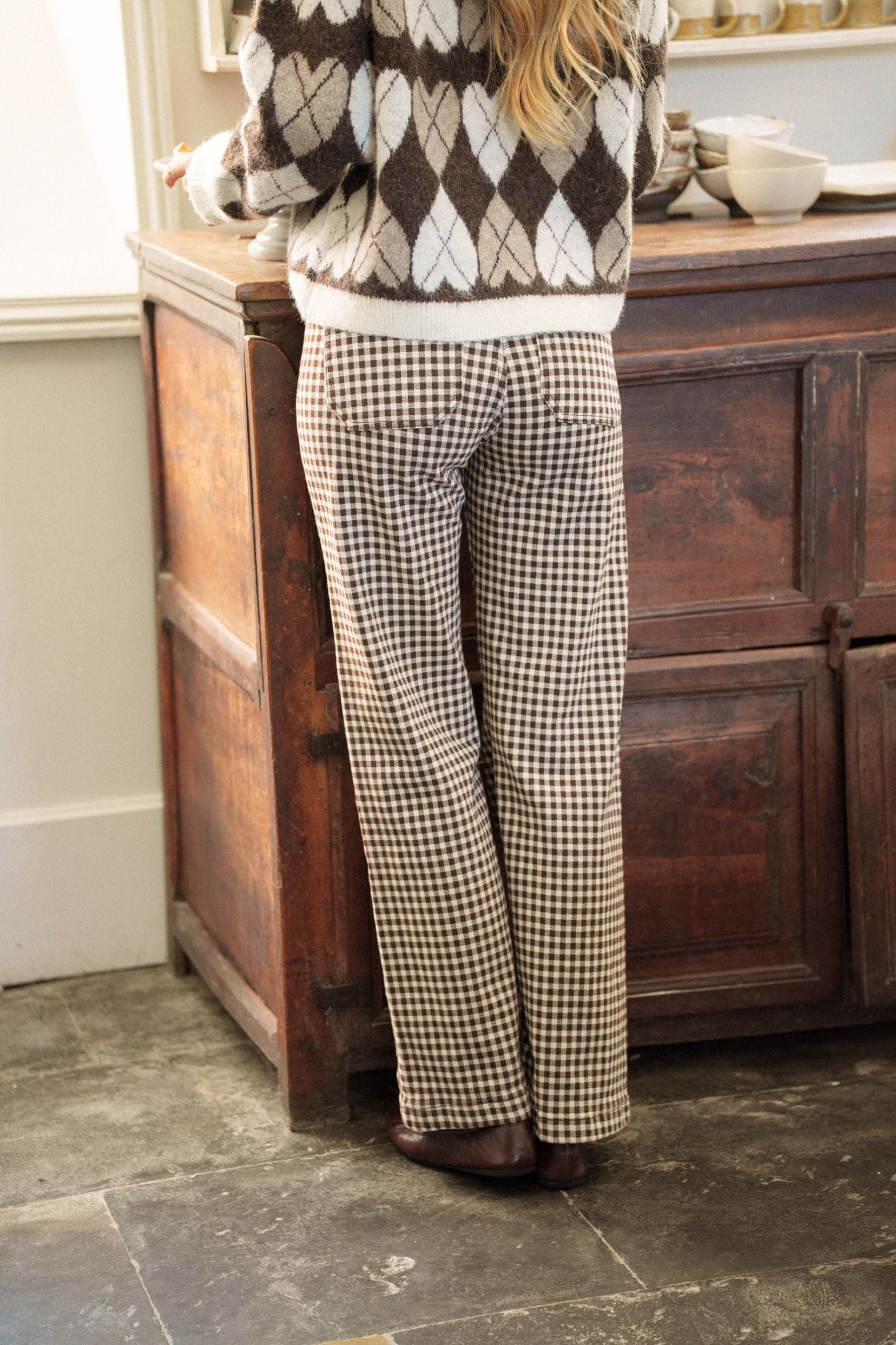Maison Onado Ella pantalon wide leg vichy chocolat
