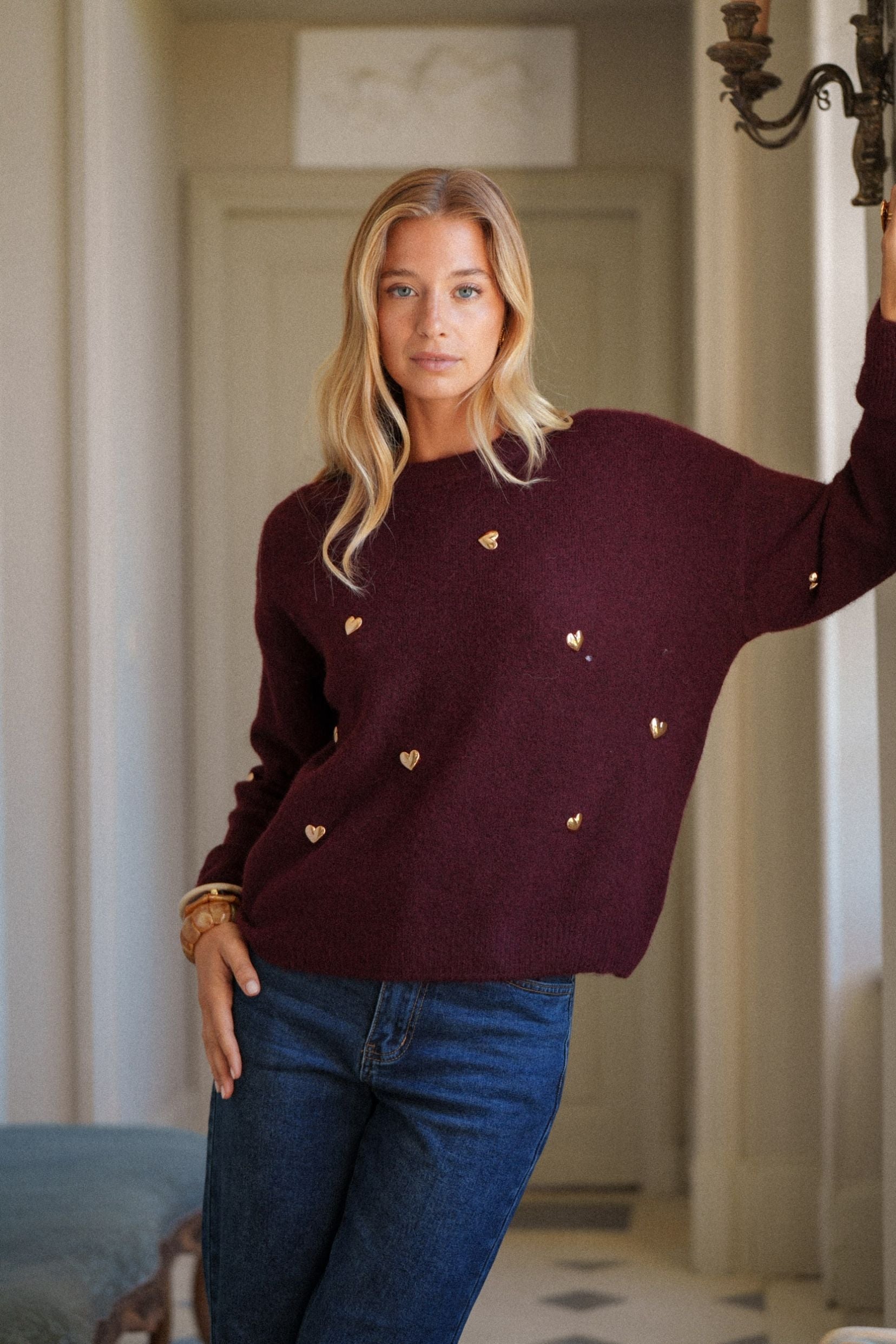 Maison Onado Juliane pull bordeaux clous coeur