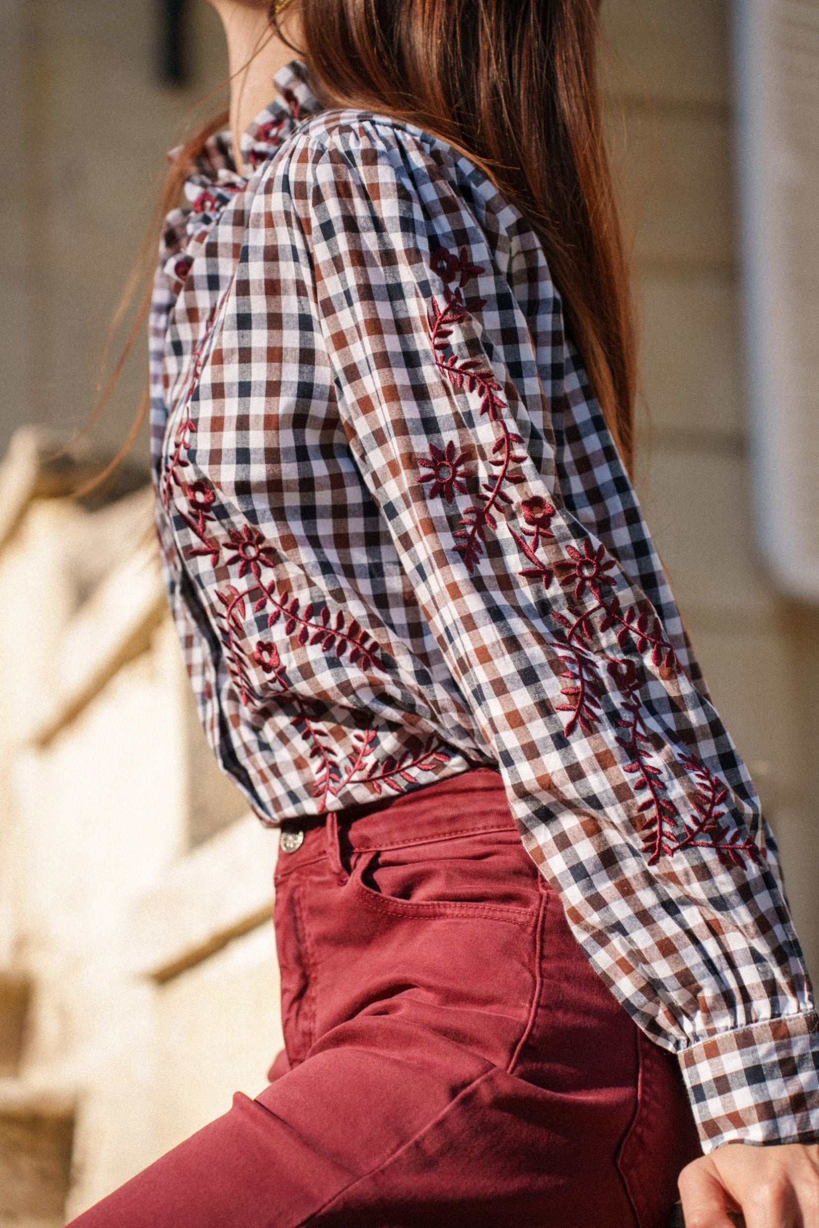 Maison Onado Irène chemise vichy broderie bordeaux