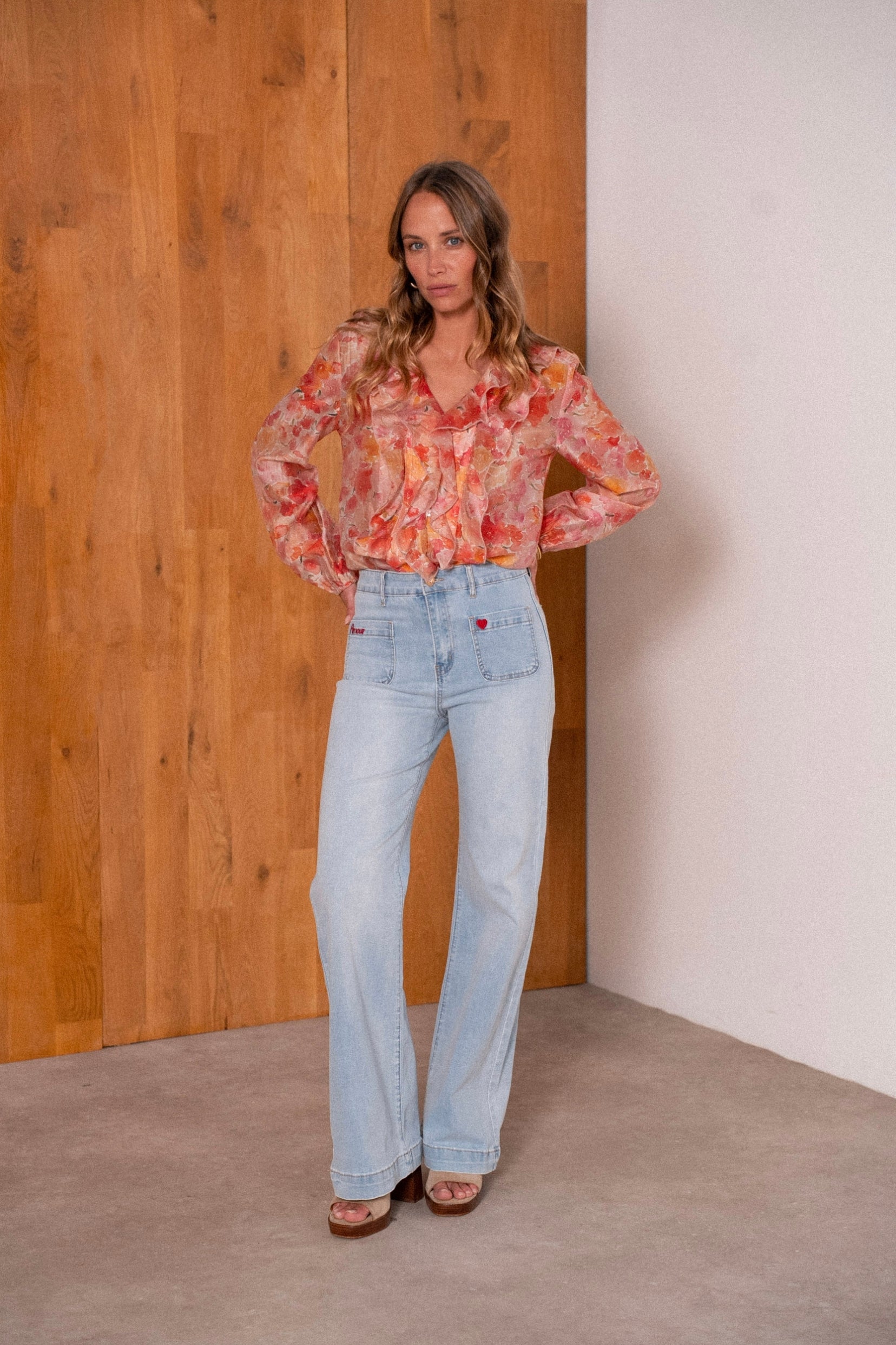 Maison Onado Emy jean wide leg denim clair broderie