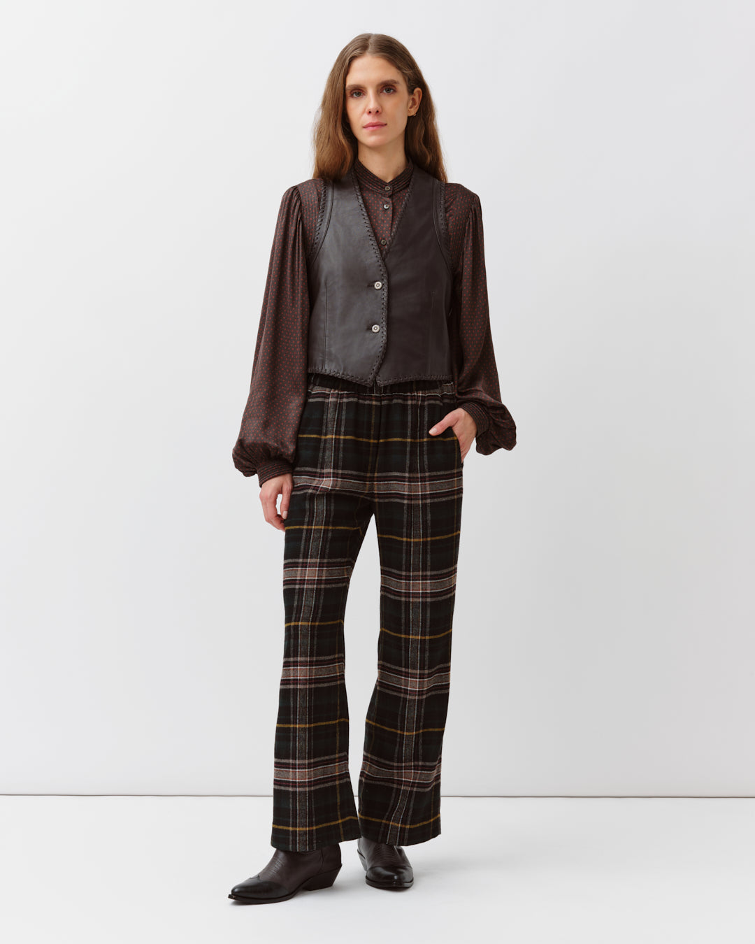 Diega Gamo gilet femme cuir vachette chocolat tressé