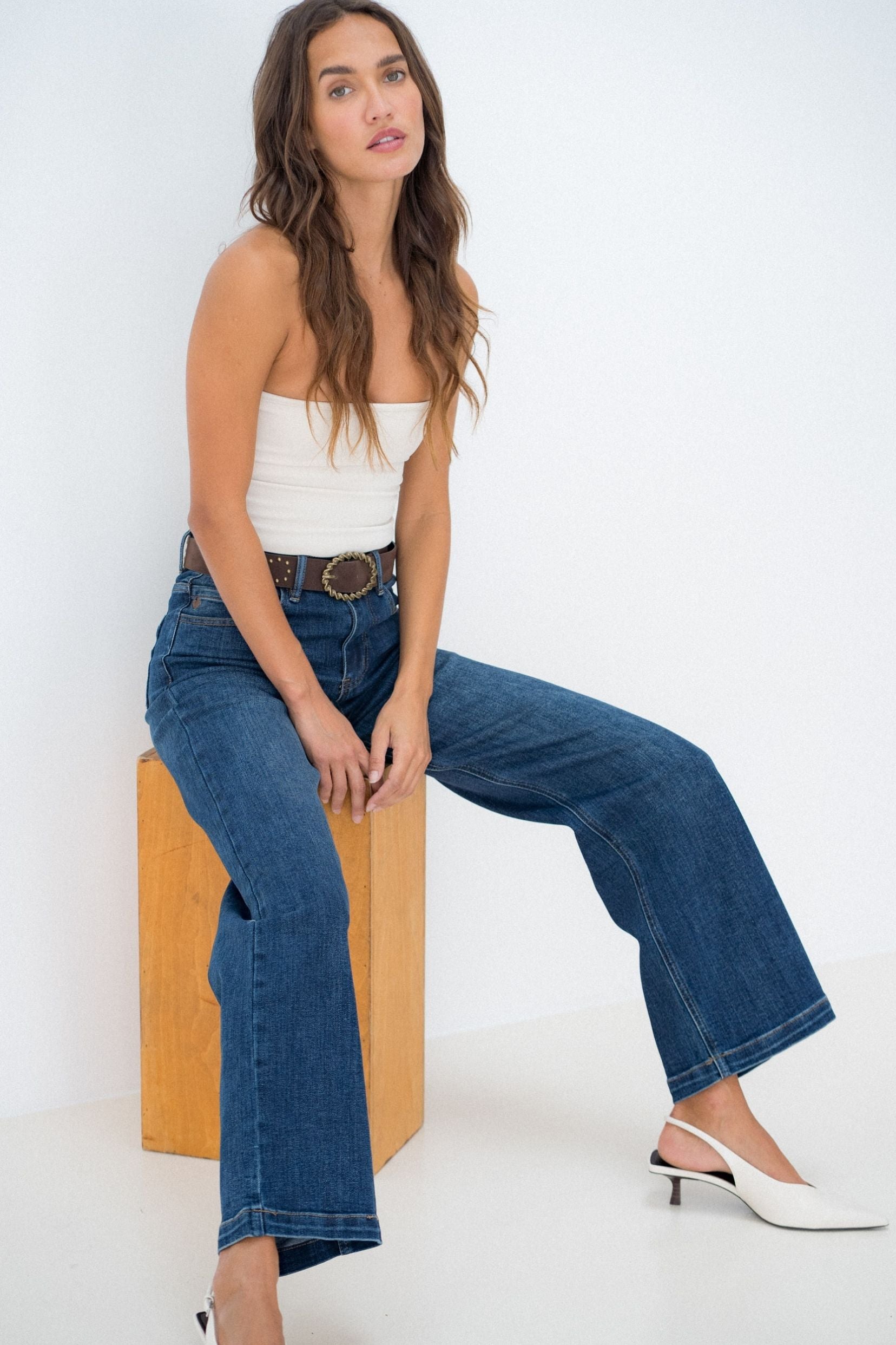 Maison Onado Pauline jean wide bleu délavé à ceinture
