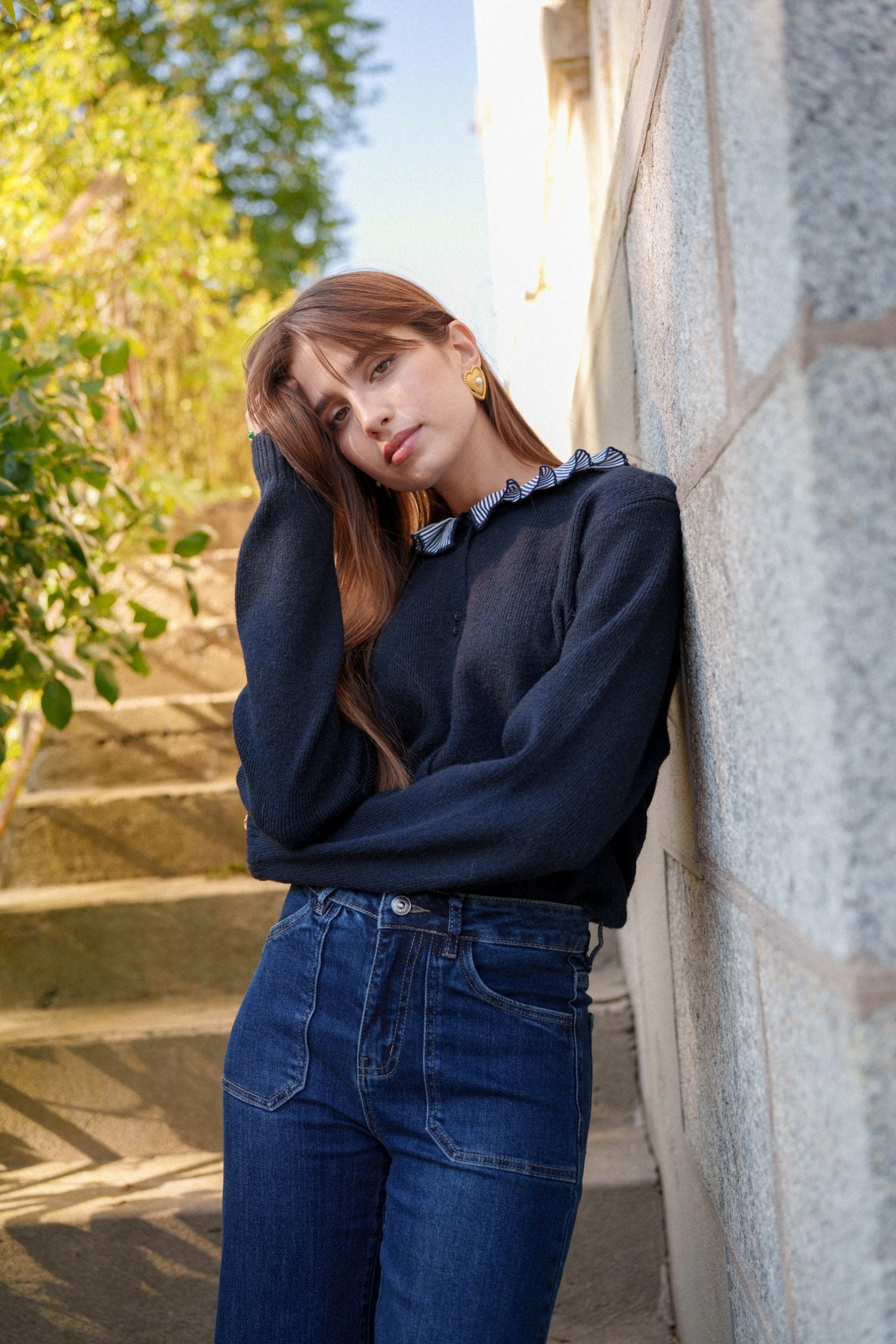 Maison Onado Amalya pull cardigan marine maille douce