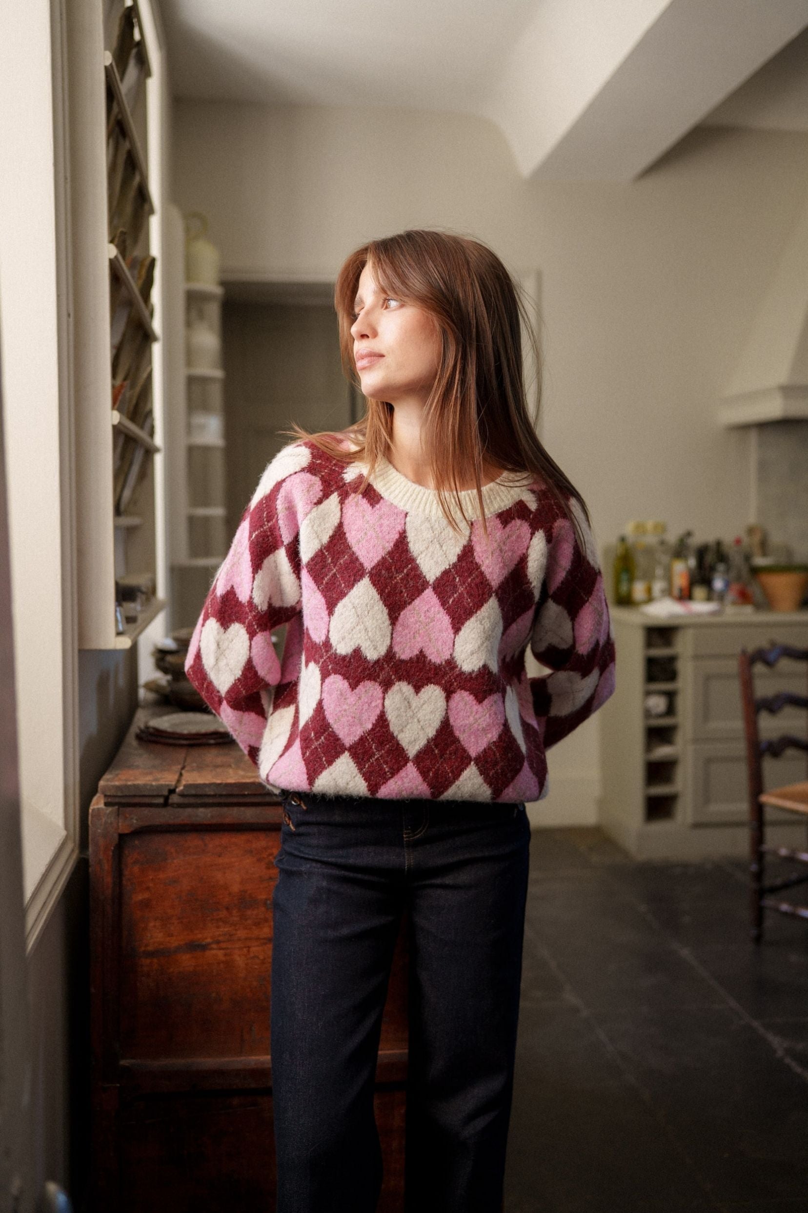 Maison Onado Colette pull TU bordeaux losanges