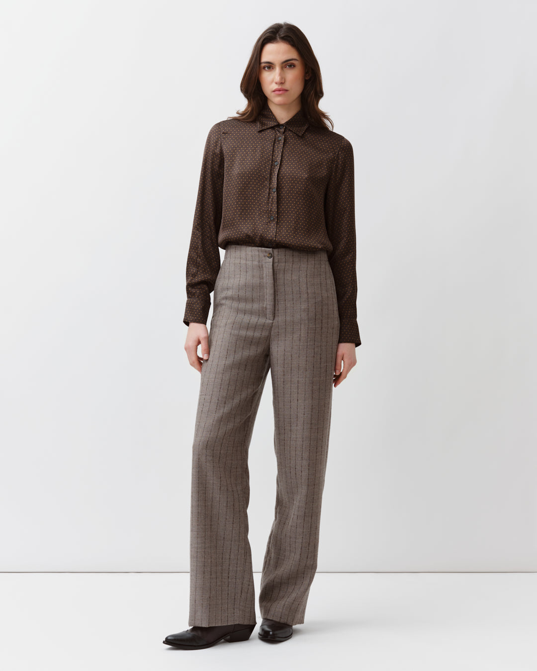 DIEGA PIZOLOTO pantalon gris chocolat rayé laine