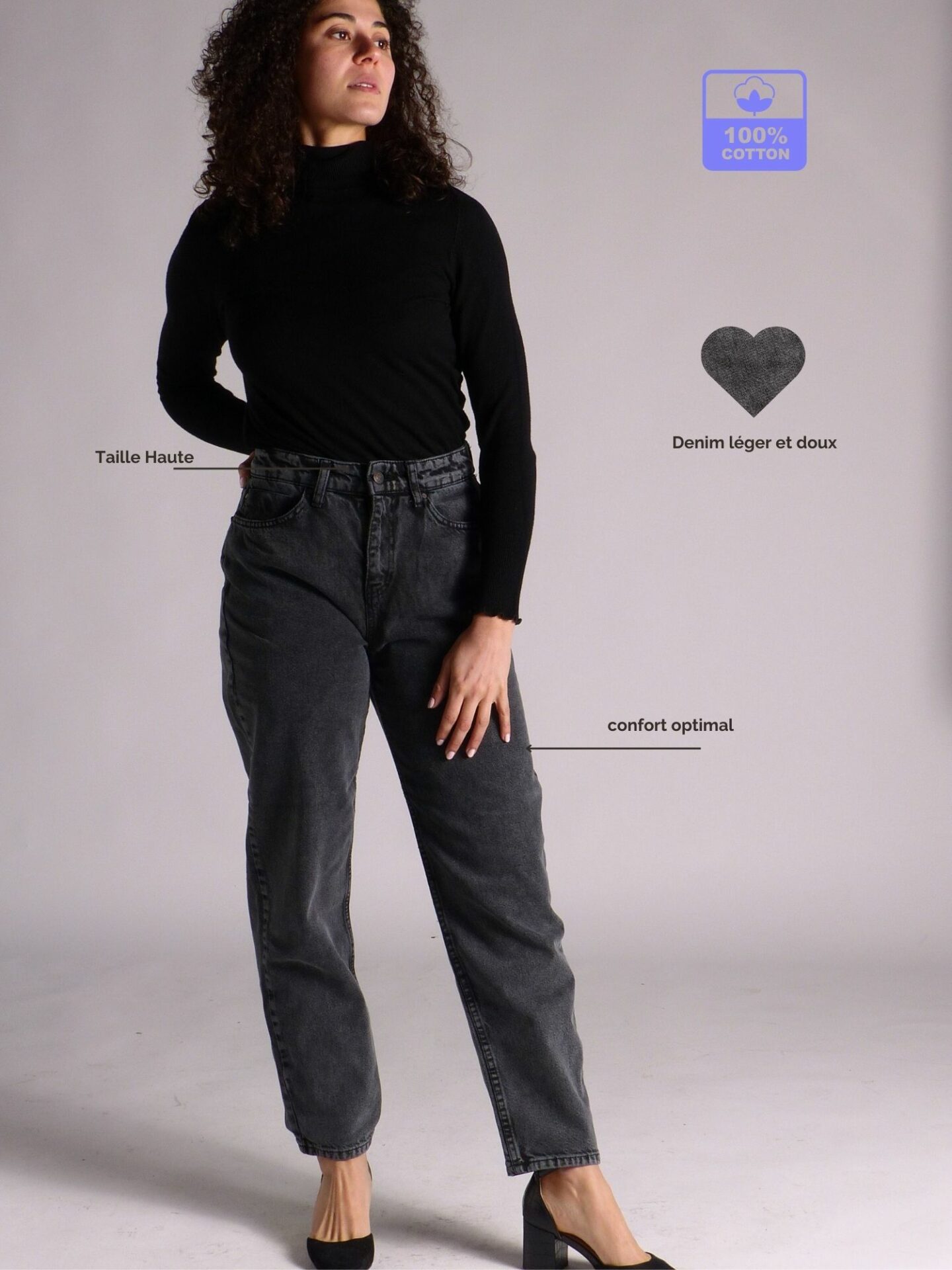 AA Spontané Rétro Mom 80's jean mom noir délavé 100% coton
