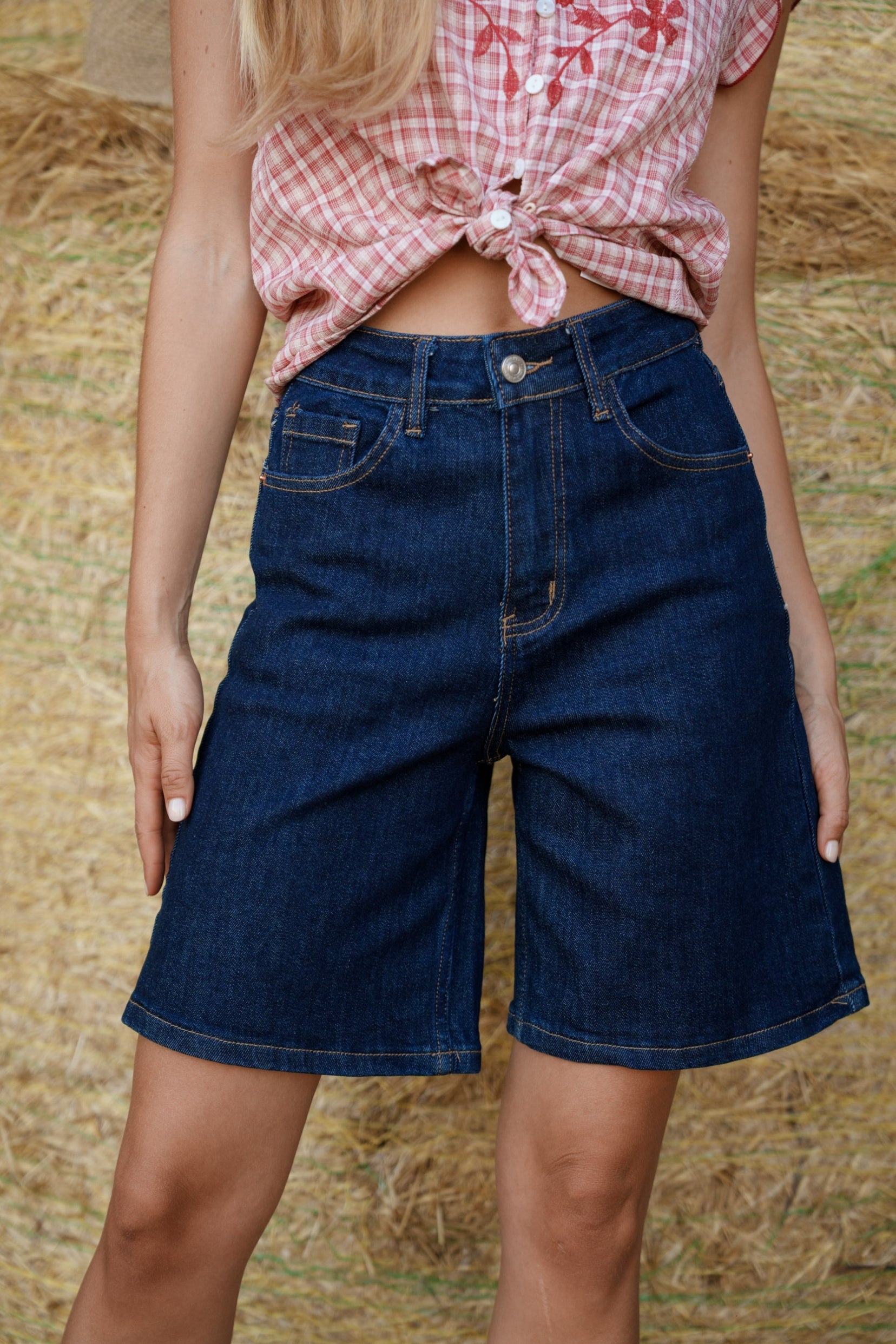 Maison Onado Andrea short long denim brut taille haute