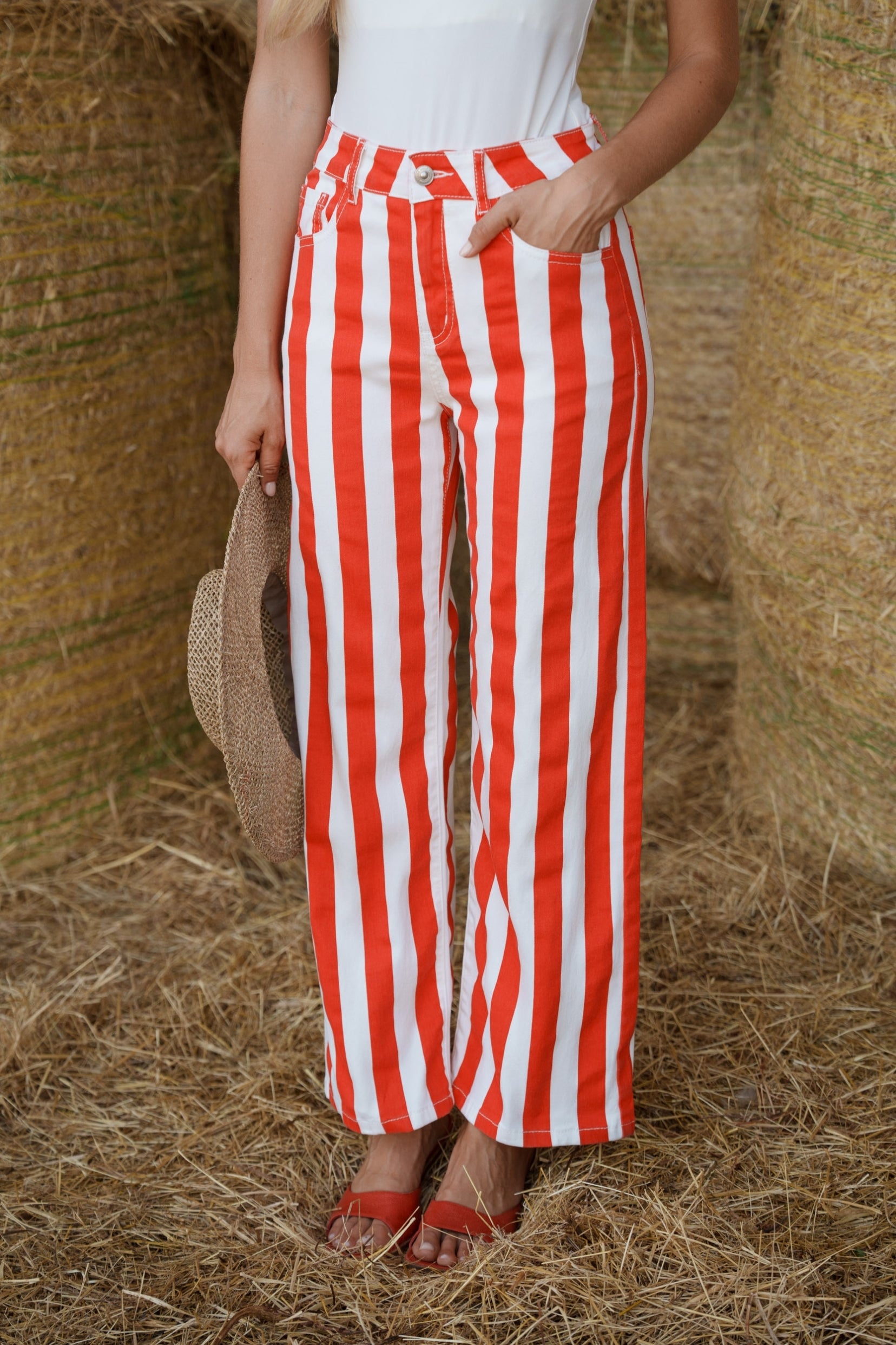 Maison Onado Clarissy pantalon wide leg rouge rayé