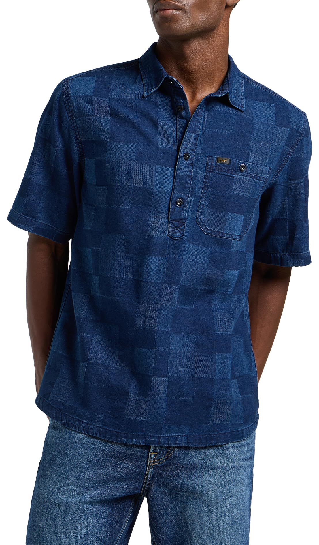 Lee Popover Shirt SS chemise homme Indigo Patchwork Dobby coton
