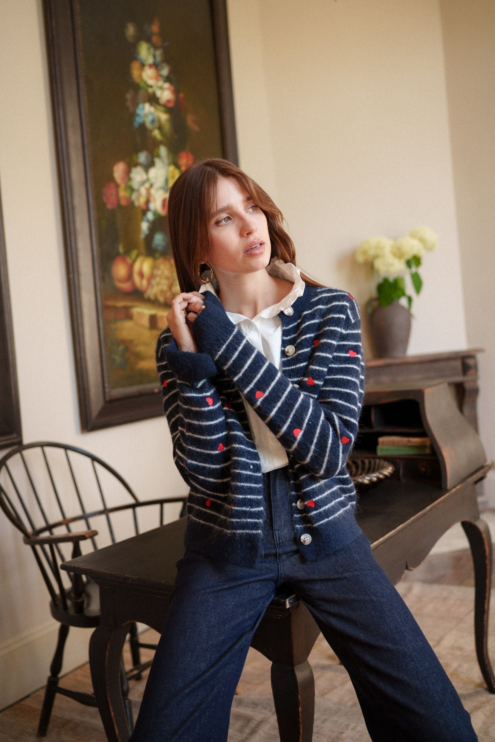 Maison Onado Lucia gilet rayé maille cœurs brodés TU