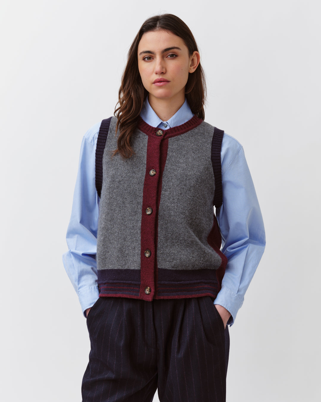 DIEGA GIAMO gilet gris prune marine mérinos