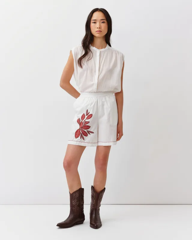 DIEGA SHAWO short rouge blanc brodé élastiqué