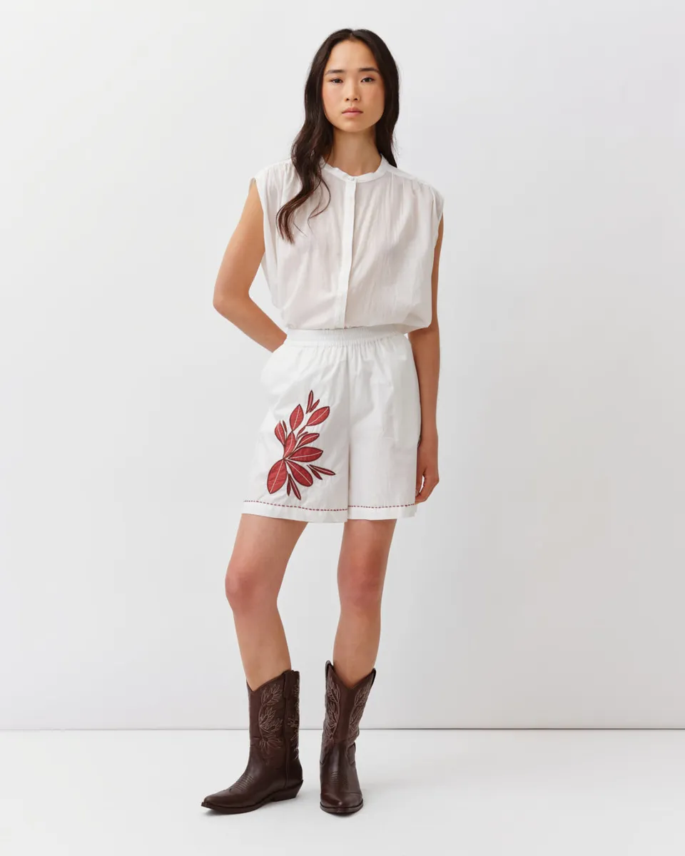 DIEGA SHAWO short rouge blanc brodé élastiqué