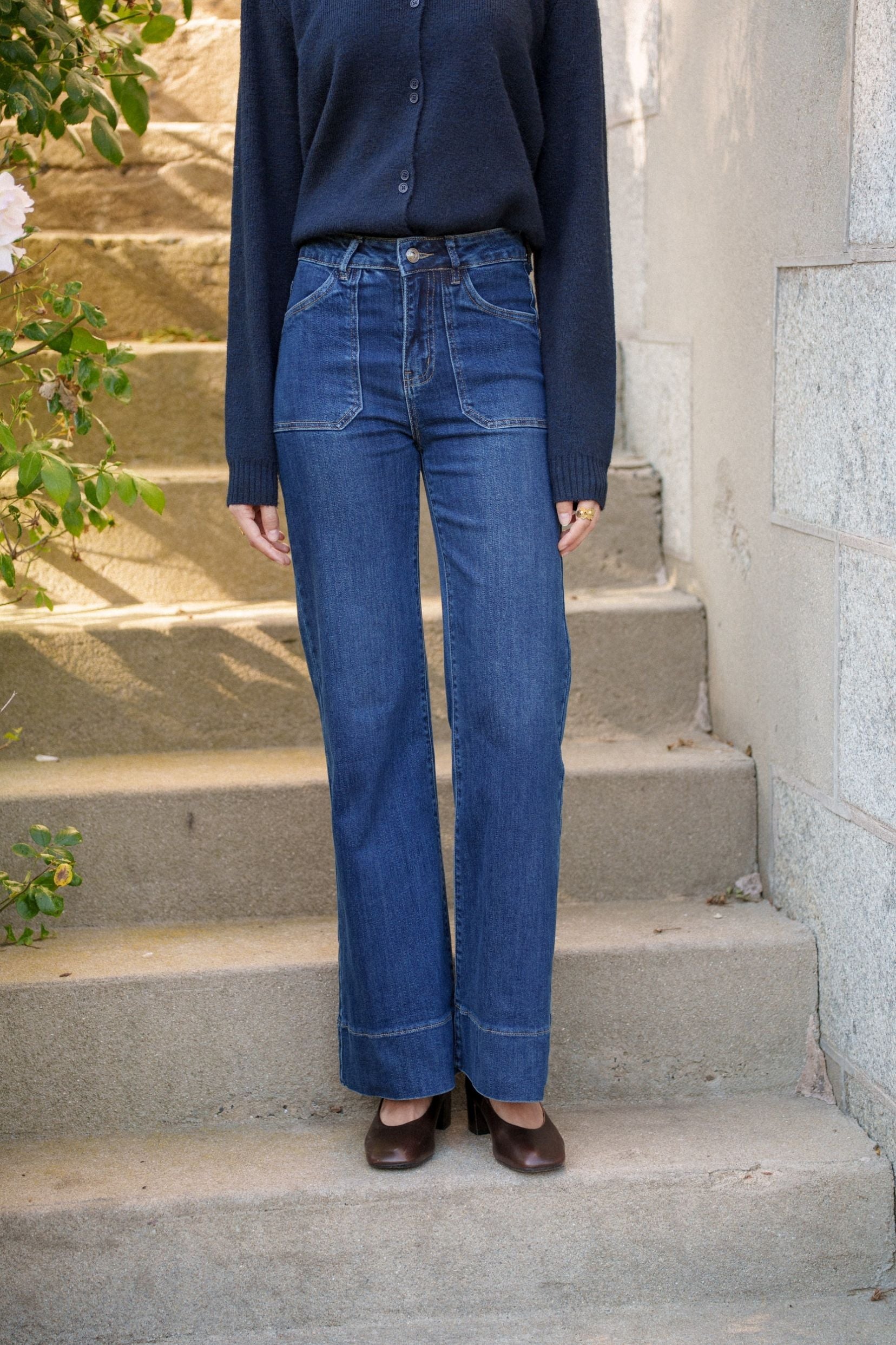 Maison Onado Justine jean wide bleu denim broderie fleur