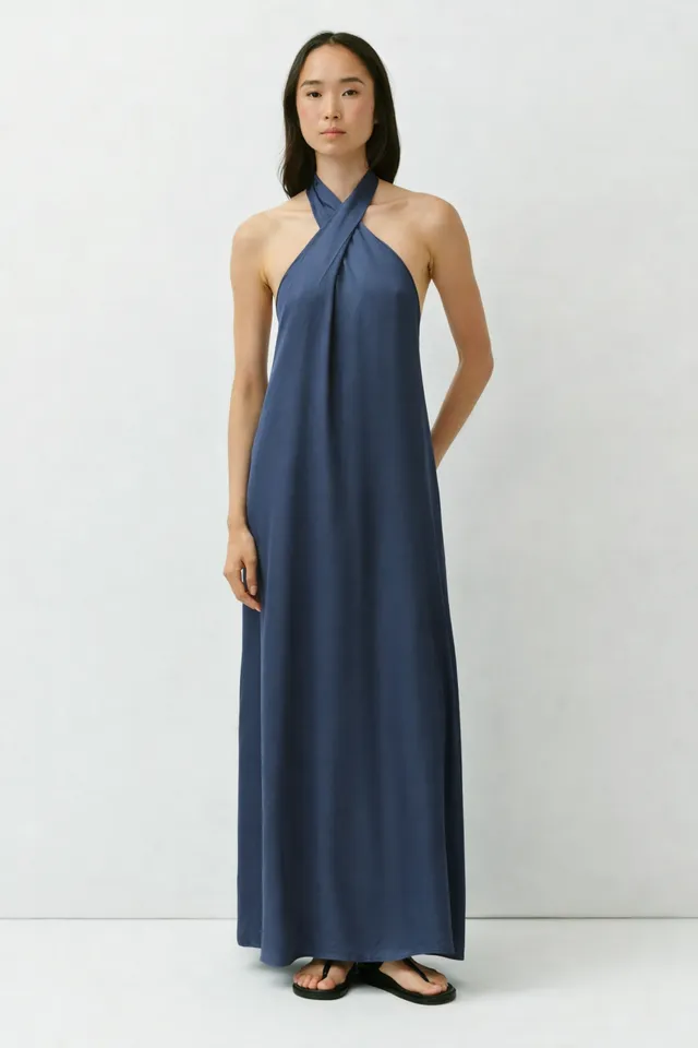 DIEGA RANZA robe longue indigo col noué
