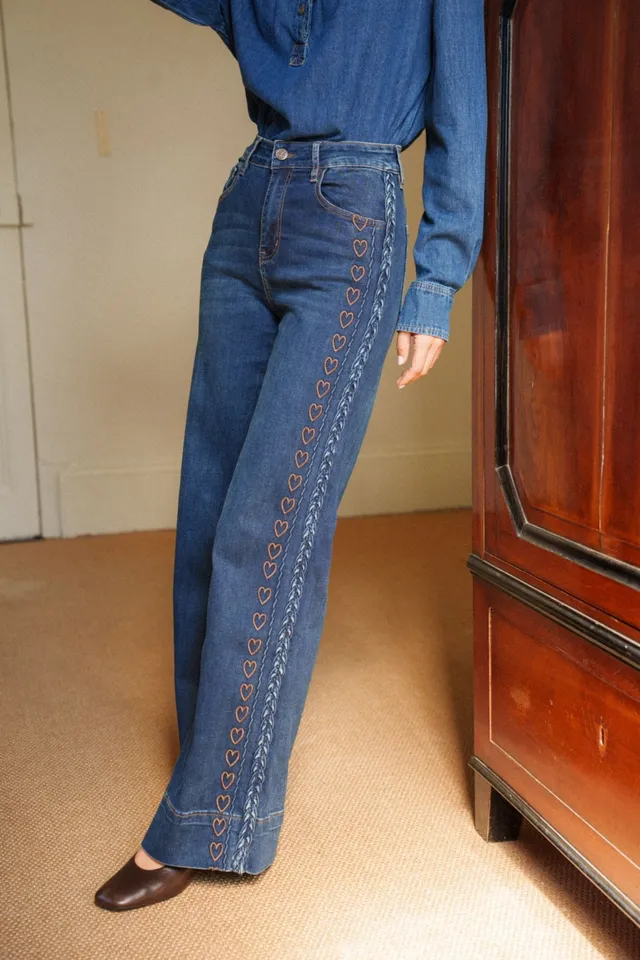 Maison Onado Benny jean wide leg bleu délavé brodé