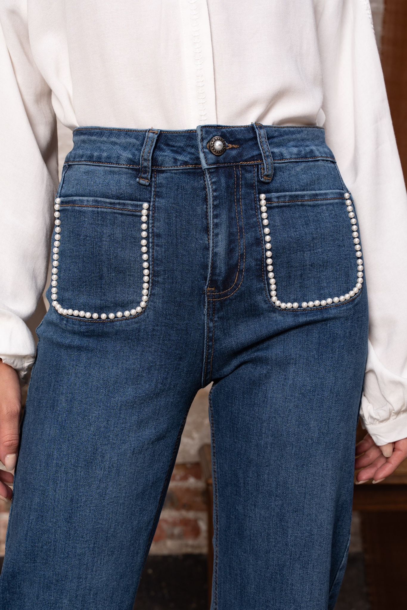 Maison Onado Lara jean large perles stretch denim