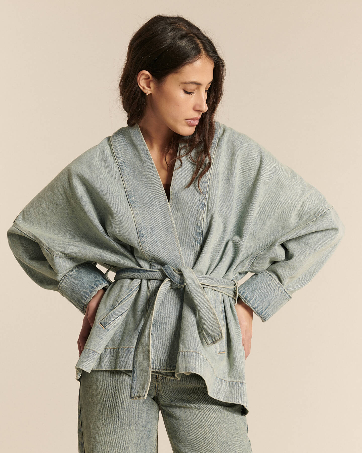 Labdip Bali Dirty Blue veste jean kimono mi-longue