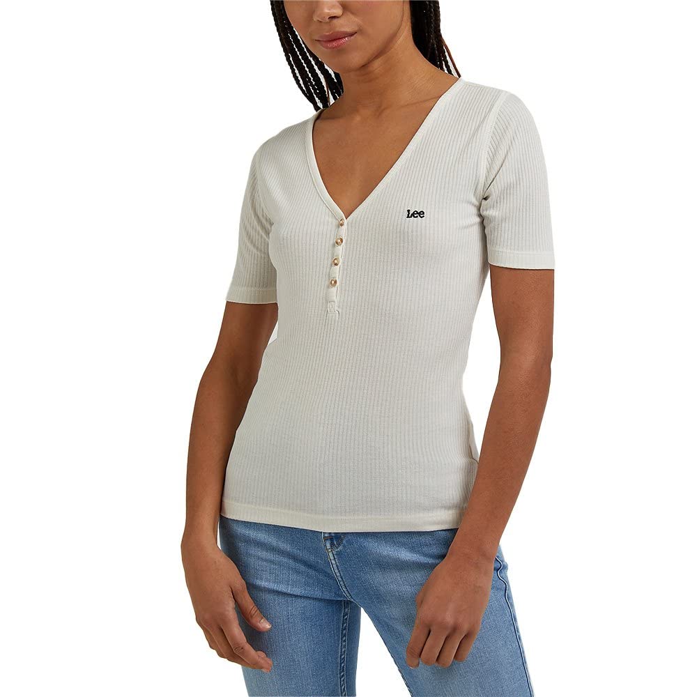 Lee Henley T-Shirt Femme Écru Coupe Slim Taille M