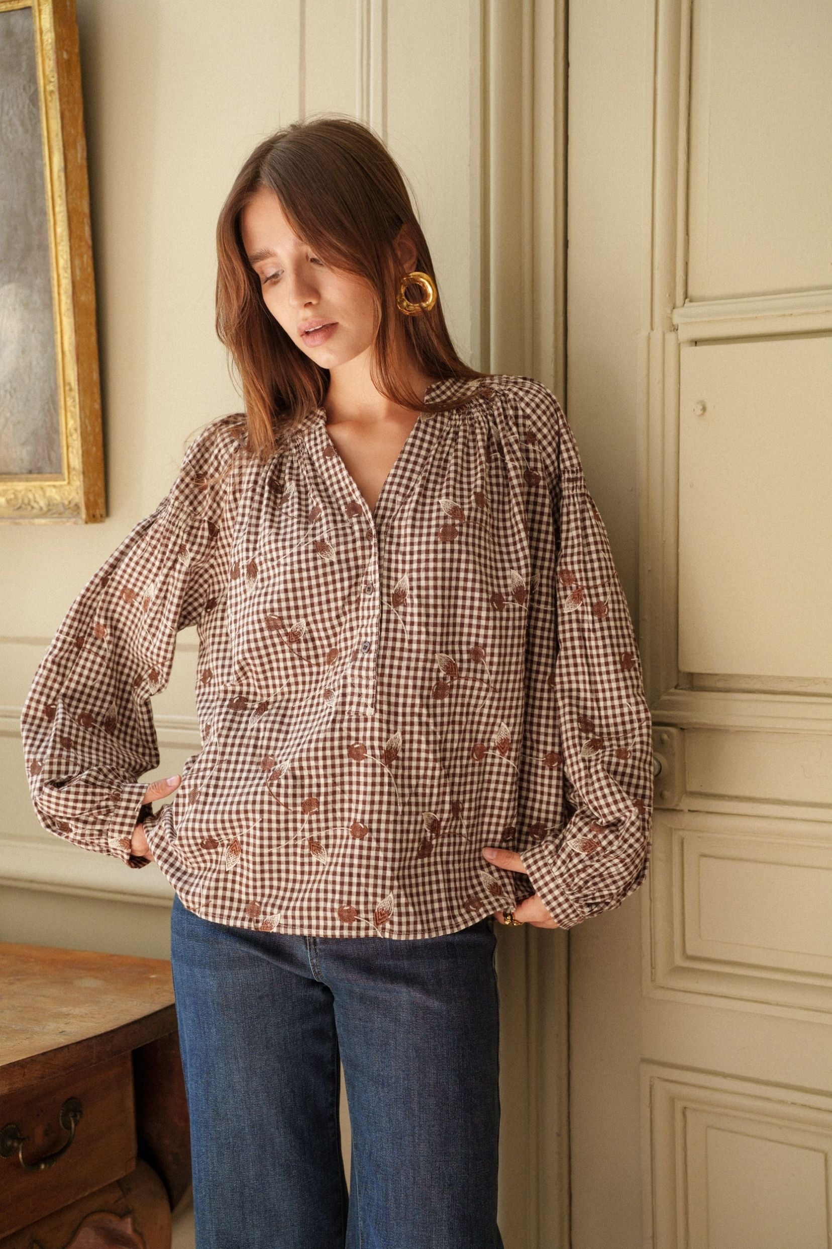 Maison Onado Betty chemise vichy chocolat cerises