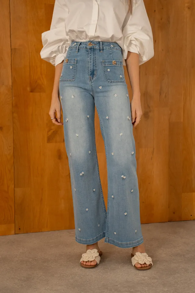 Maison Onado Juan jean wide leg bleu clair brodé