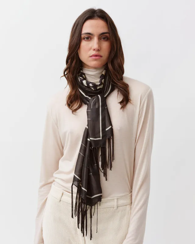 DIEGA Flamo foulard noir chocolat soie à franges