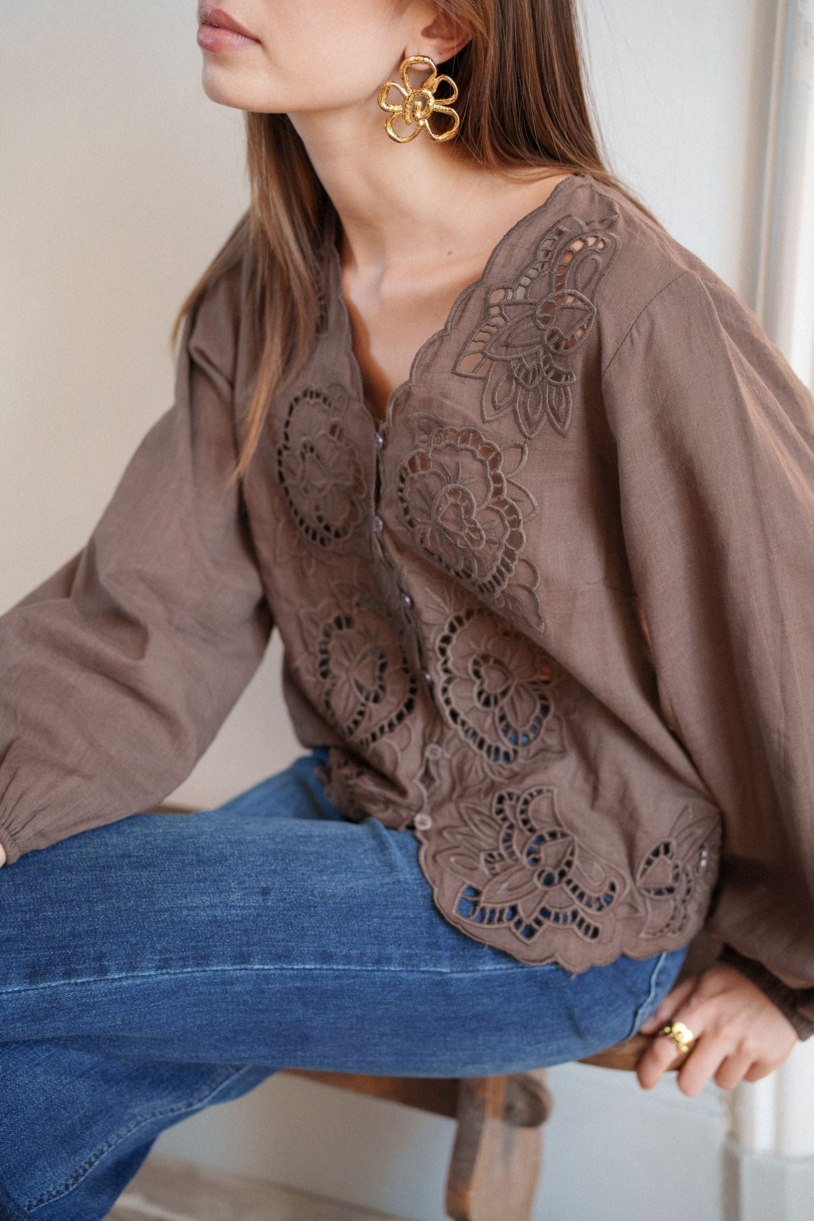 Maison Onado Anna chemise chocolat brodée manches longues