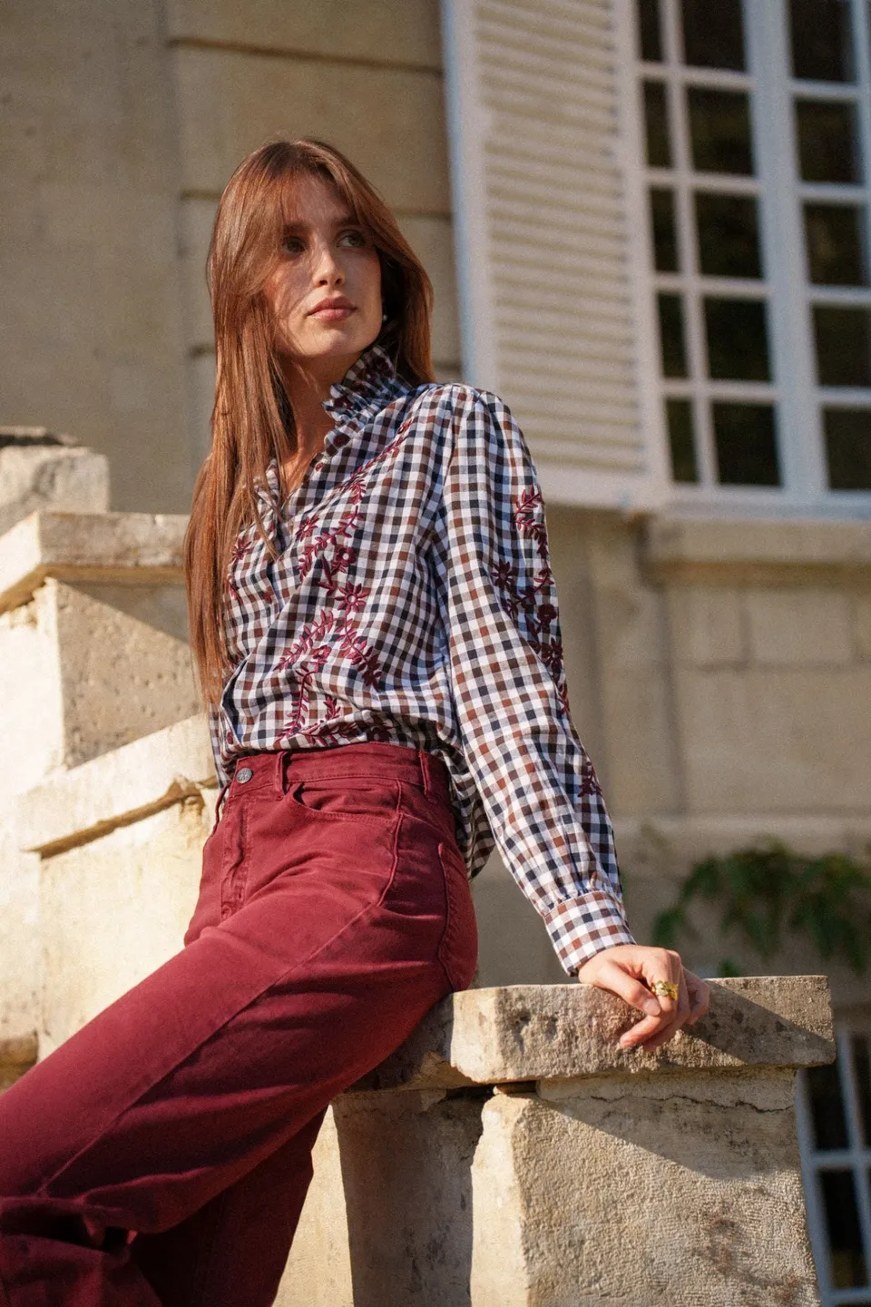Maison Onado Irène chemise vichy broderie bordeaux