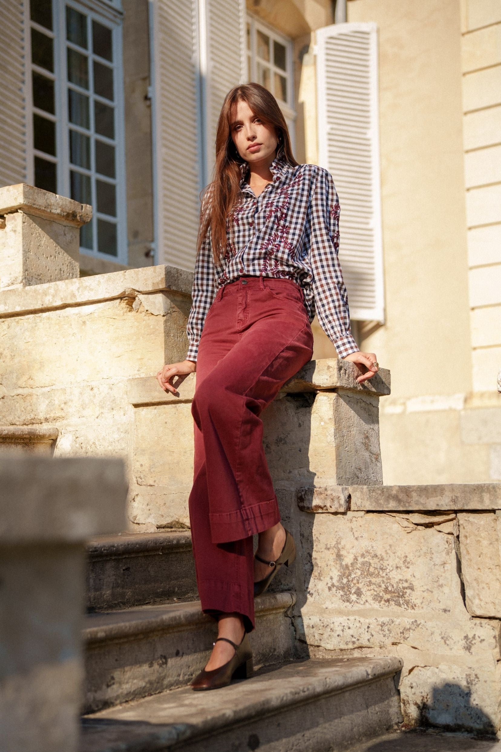 Maison Onado Irène chemise vichy broderie bordeaux