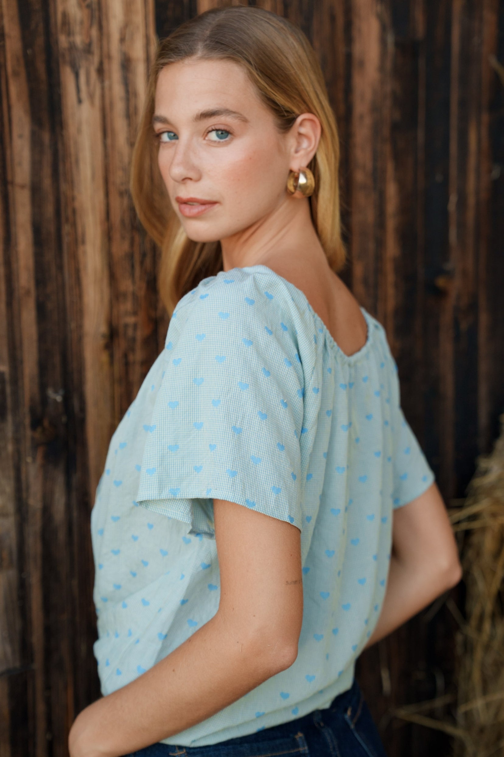 Maison Onado Lova top bleu coton imprimé cœurs