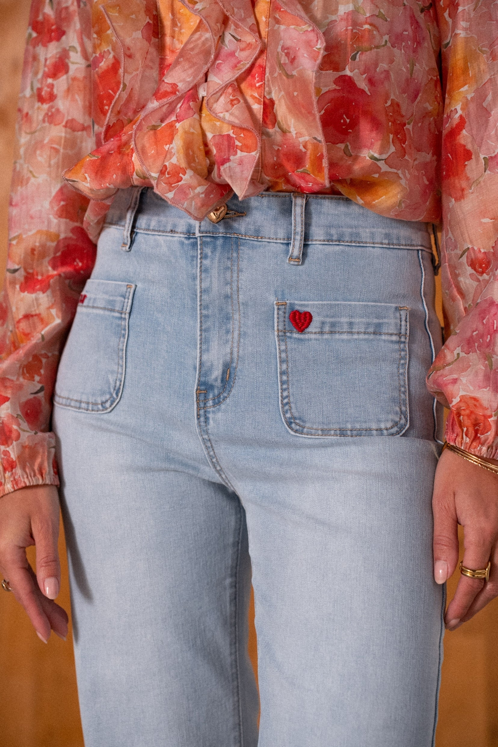 Maison Onado Emy jean wide leg denim clair broderie