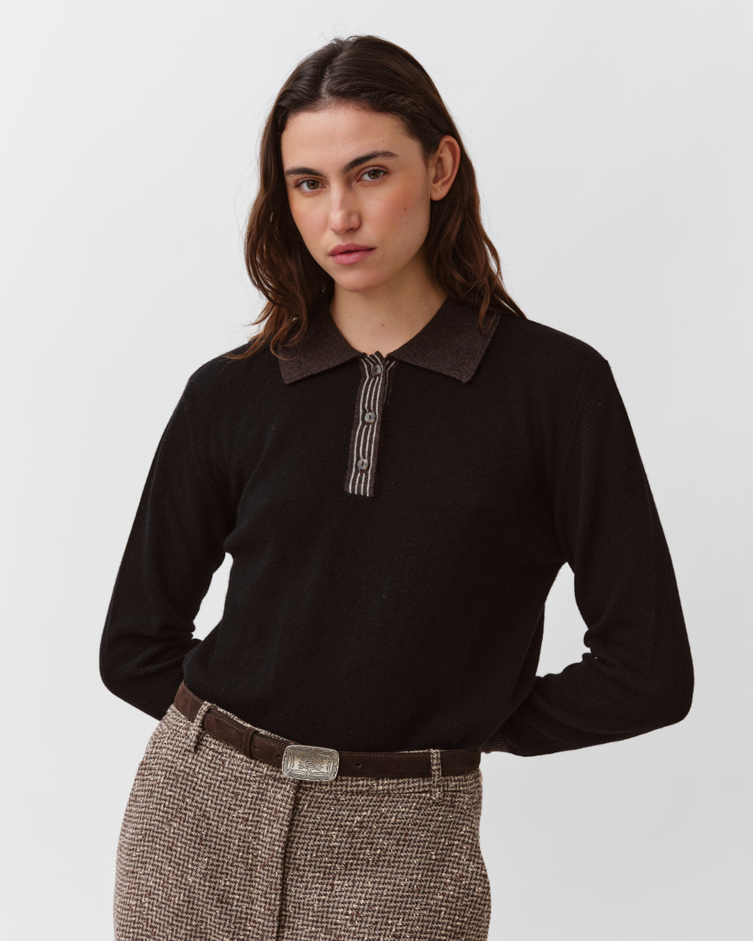 DIEGA POLCO pull polo noir chocolat maille fine