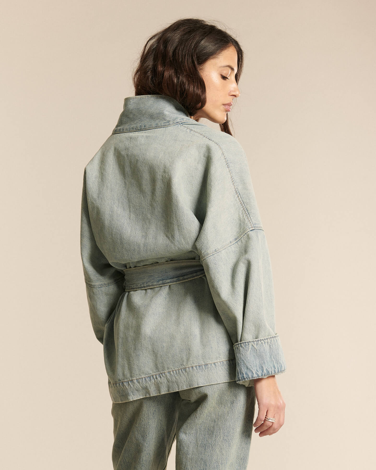 Labdip Bali Dirty Blue veste jean kimono mi-longue