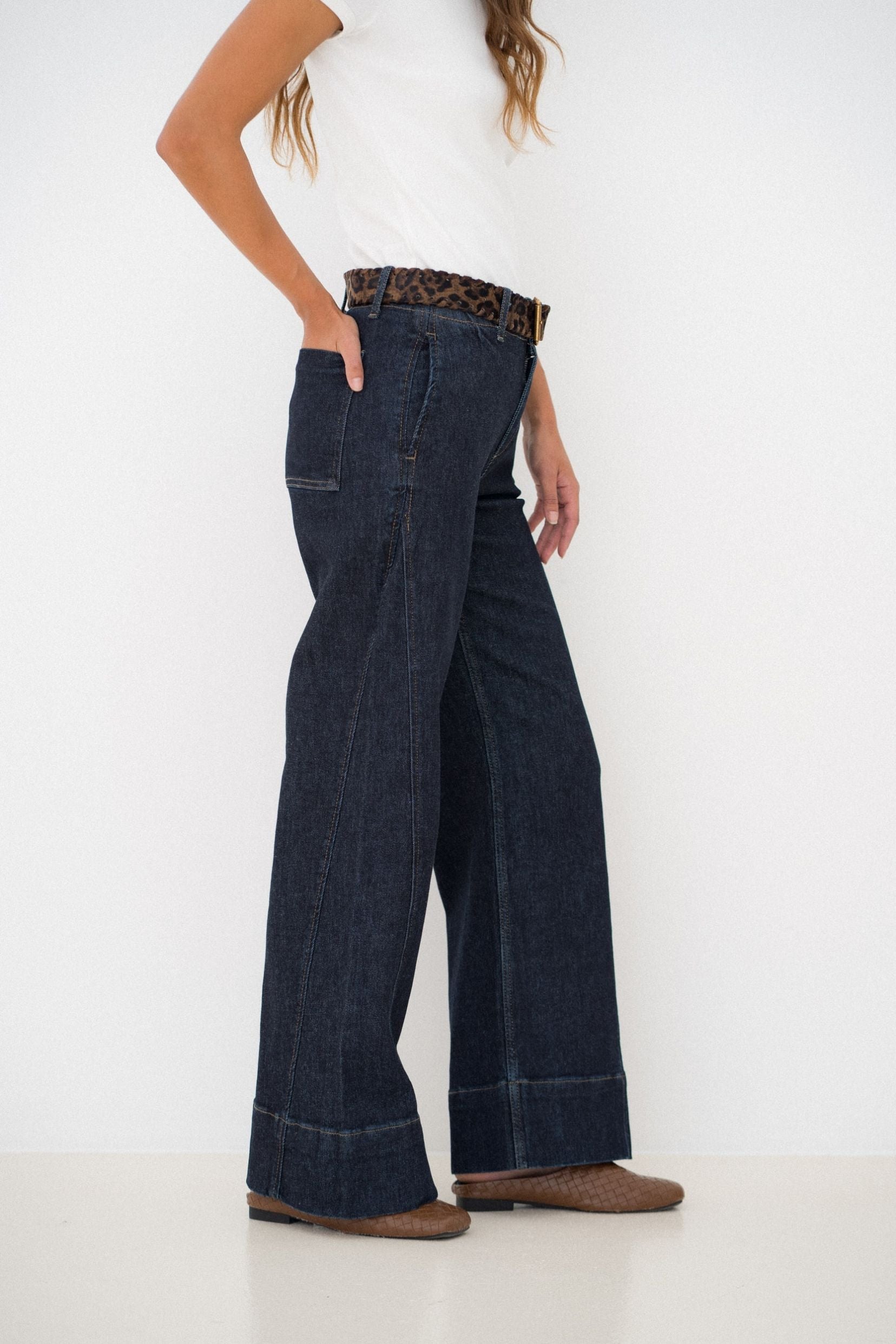 Maison Onado Lucie jean wide leg brut ceinture léopard