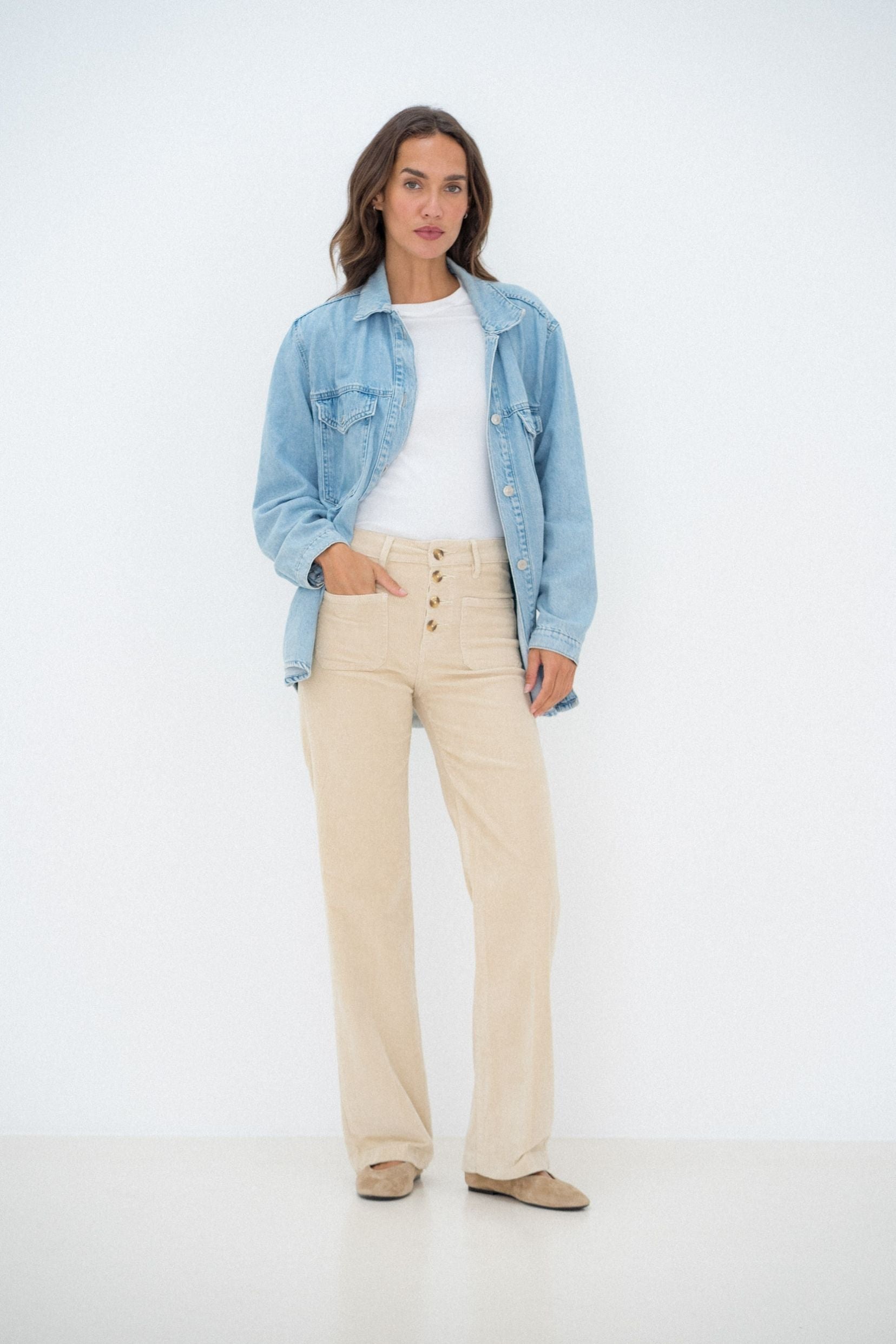 Maison Onado Valentin pantalon velours écru taille haute