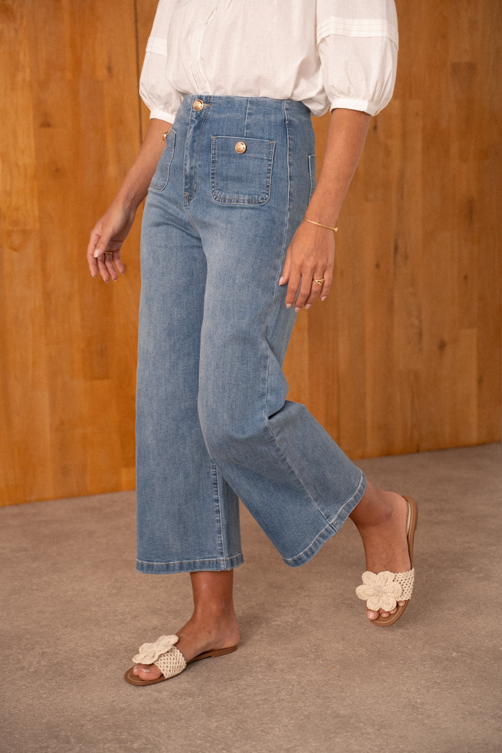 Maison Onado Solange jean wide cropped bleu moyen coton