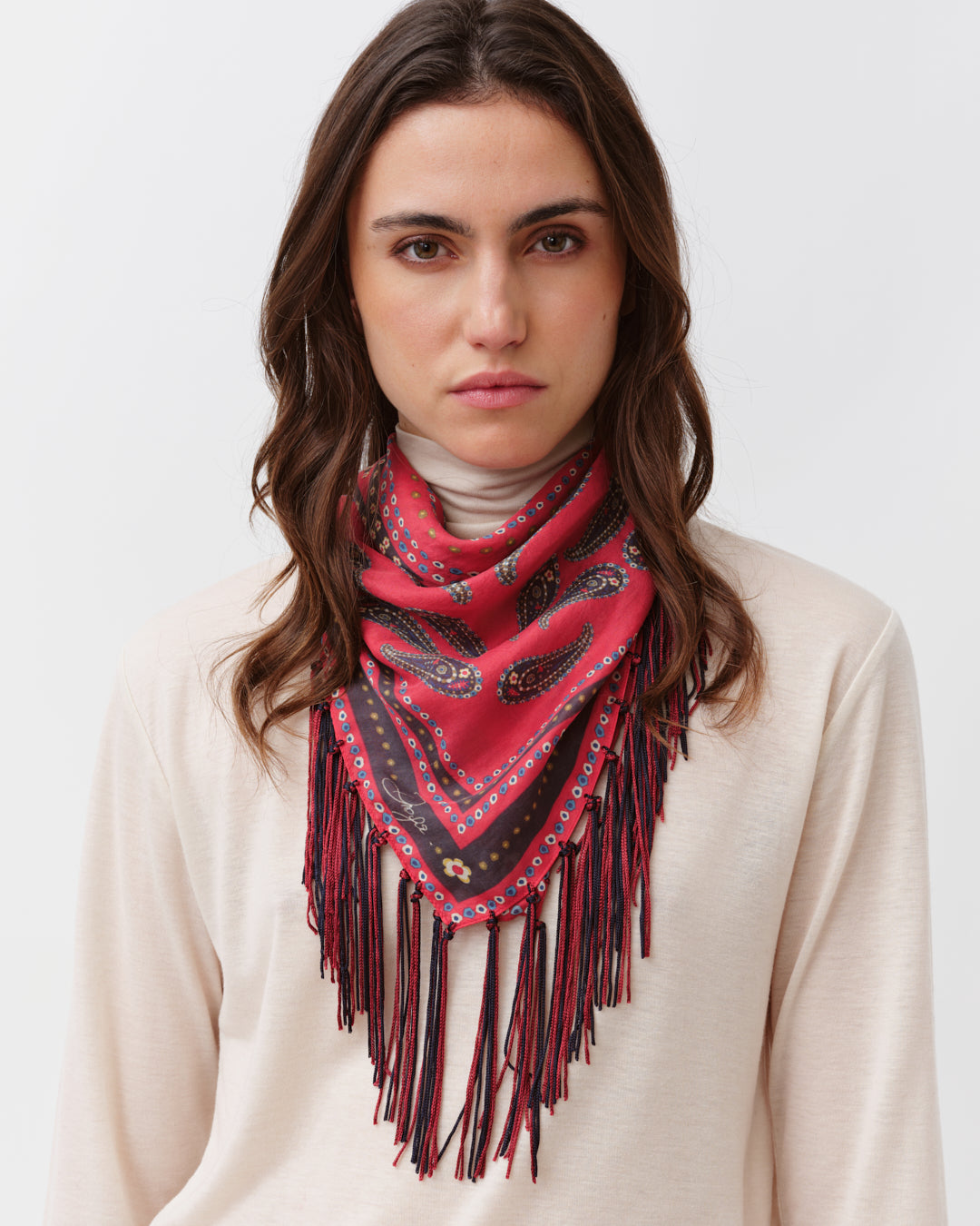 DIEGA Fareo foulard rouge marine soie à franges