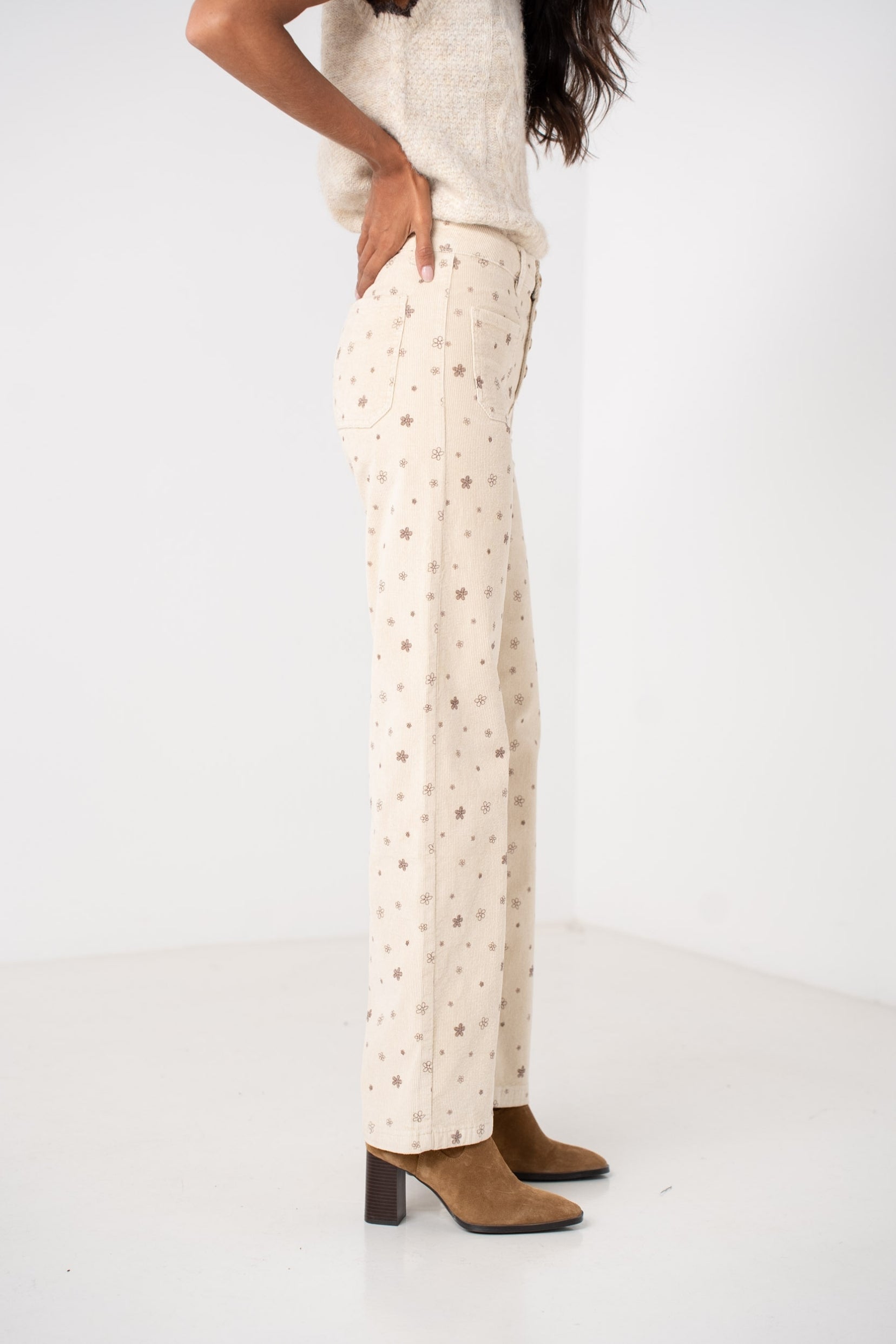 Maison Onado Amaya pantalon velours écru fleuri