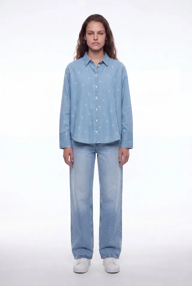 Teddy Smith C-Eliane ML chemise denim bleu clair brodée