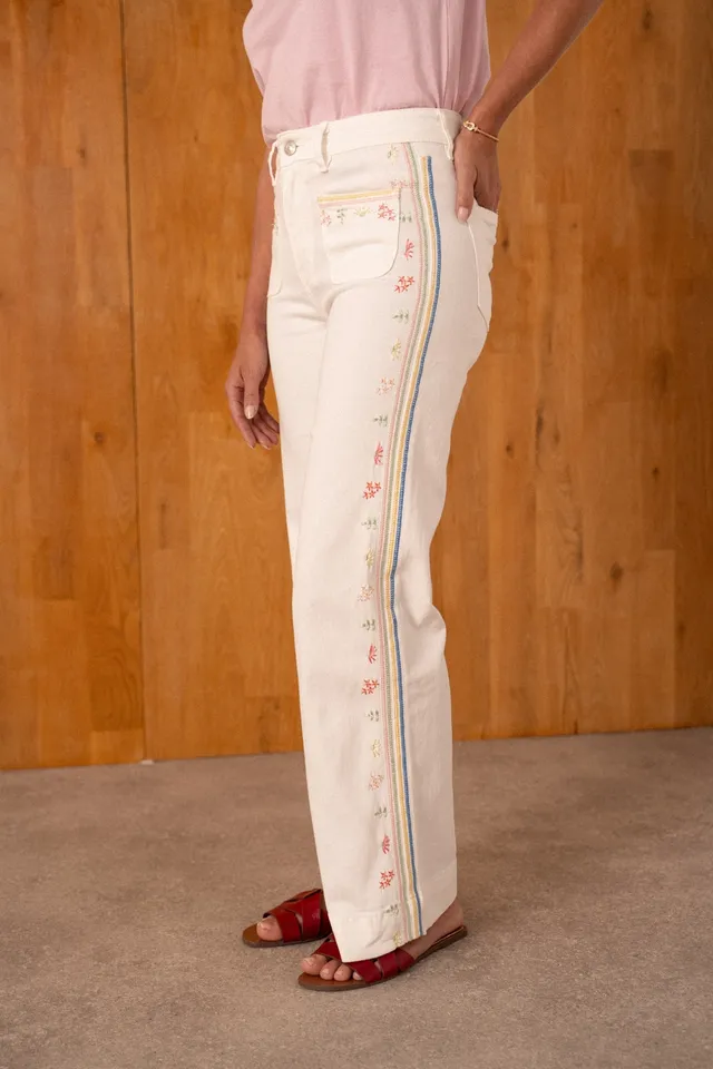 Maison Onado Romilie jean wide leg écru broderie fleurs