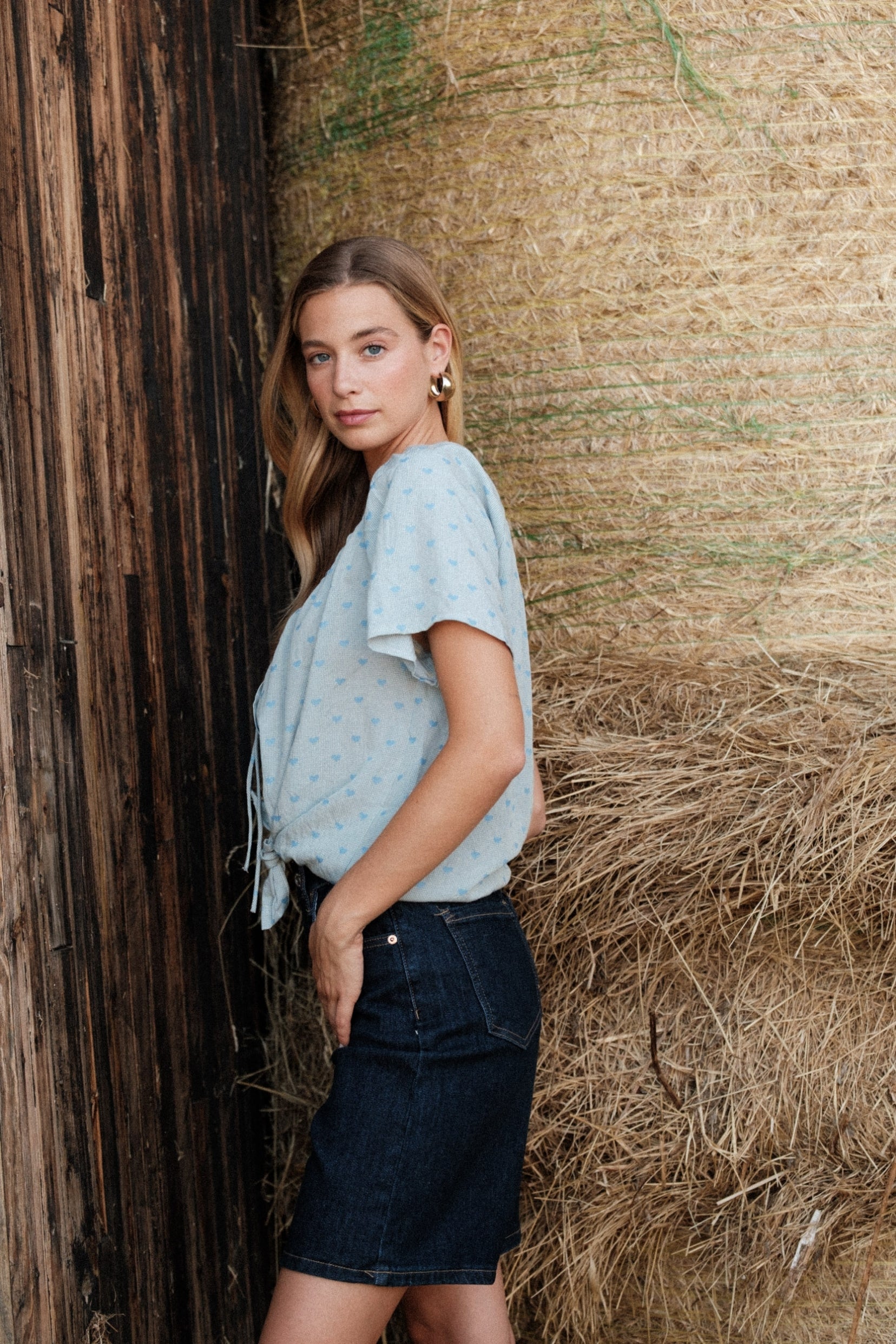 Maison Onado Lova top bleu coton imprimé cœurs