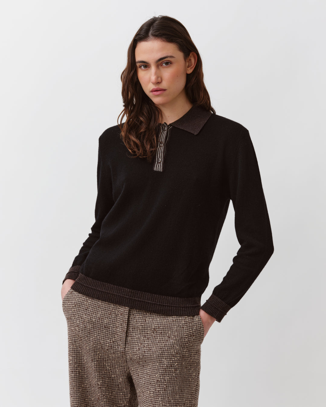 DIEGA POLCO pull polo noir chocolat maille fine