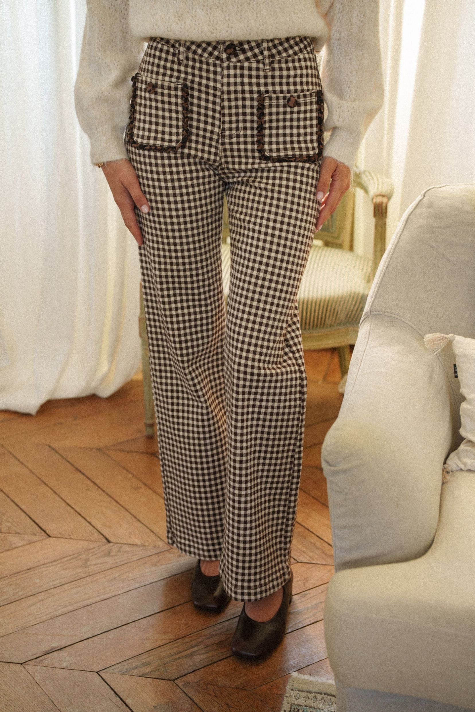 Maison Onado Many pantalon wide leg vichy chocolat
