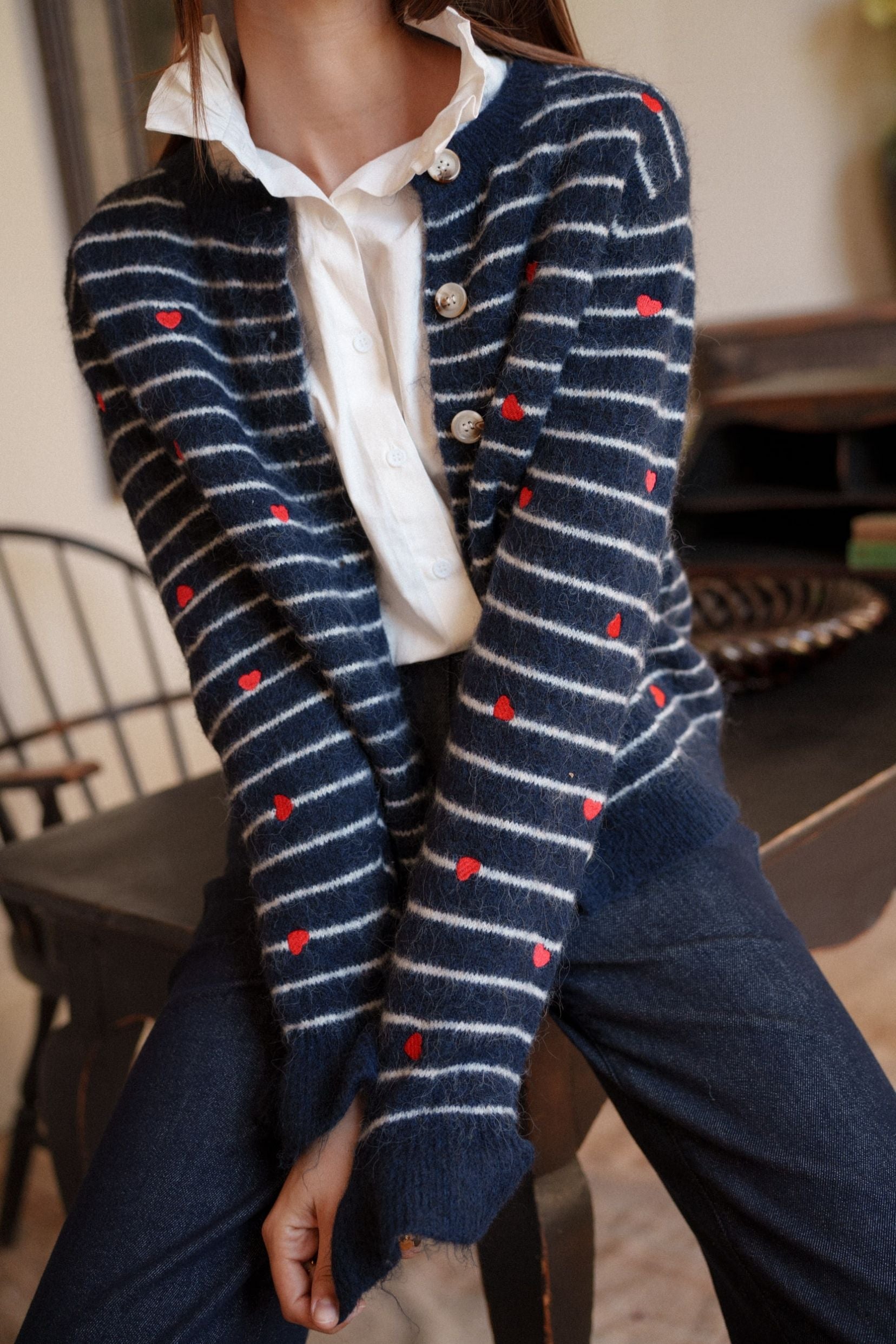 Maison Onado Lucia gilet rayé maille cœurs brodés TU